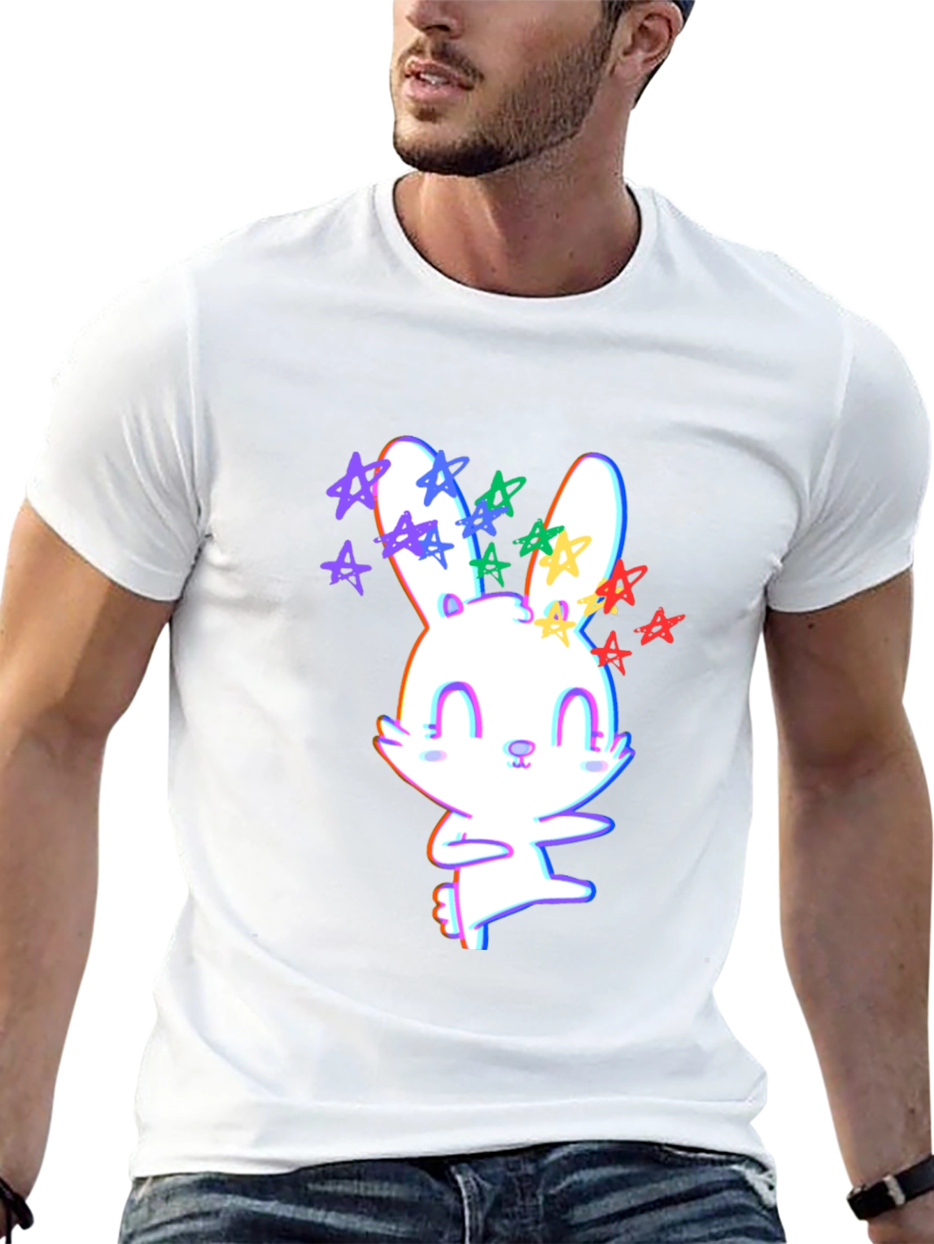 Black Cute Bunny with Stars Graphic T-Shirt view 13