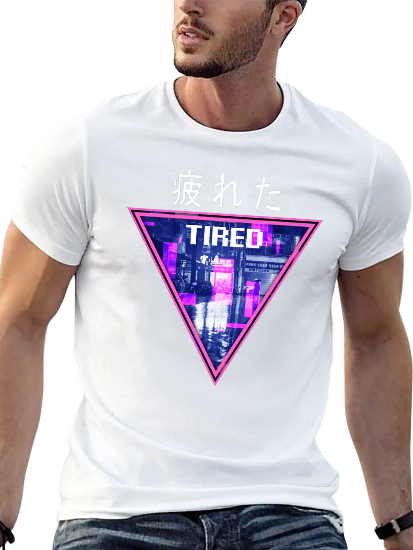 Black Cyberpunk "Tired" Graphic T-Shirt view 13