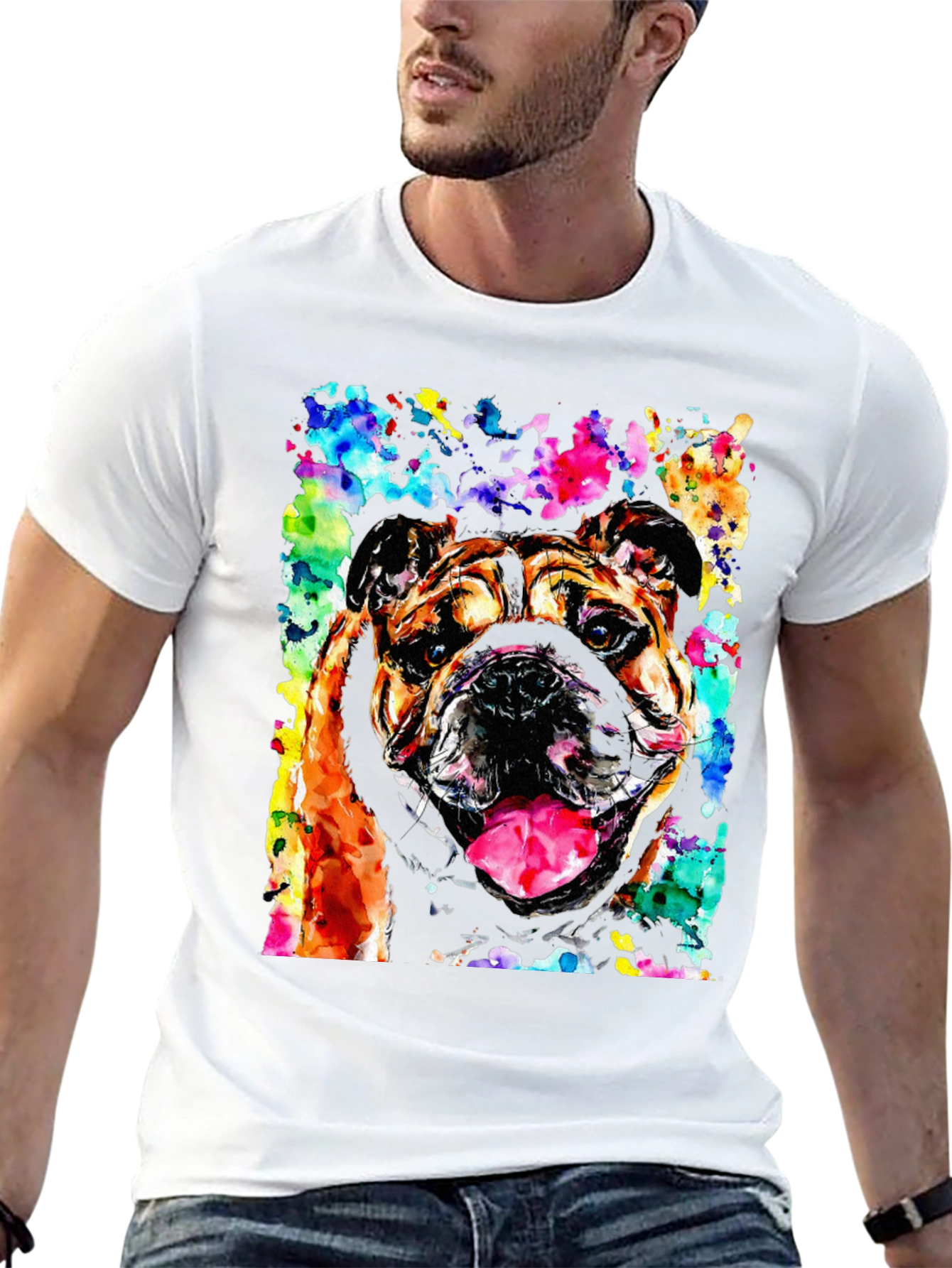 Black Bulldog Watercolor Men's Black T-Shirt view 13