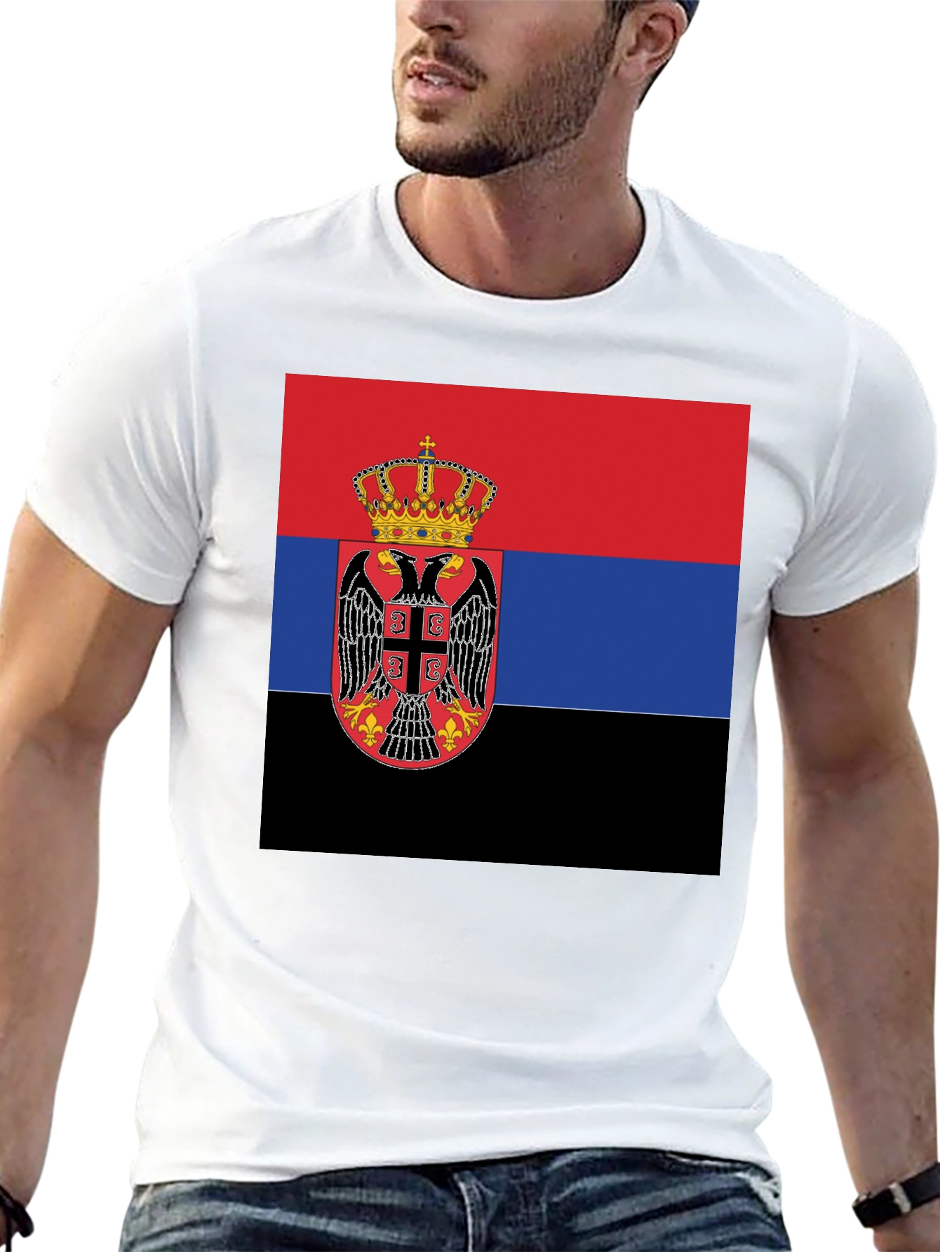 Serbian Flag T-Shirt - Black Crew Neck Tee - 13
