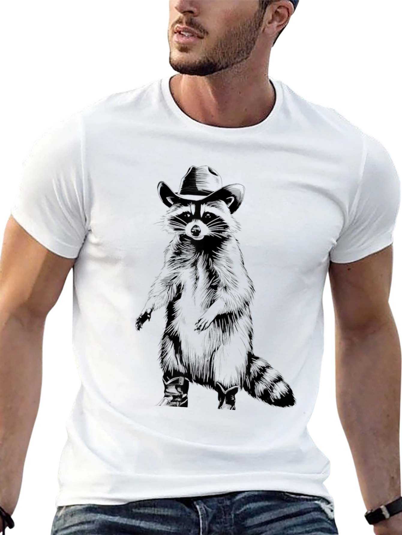 Black Raccoon Cowboy Graphic Tee - Black Cotton T-Shirt view 13