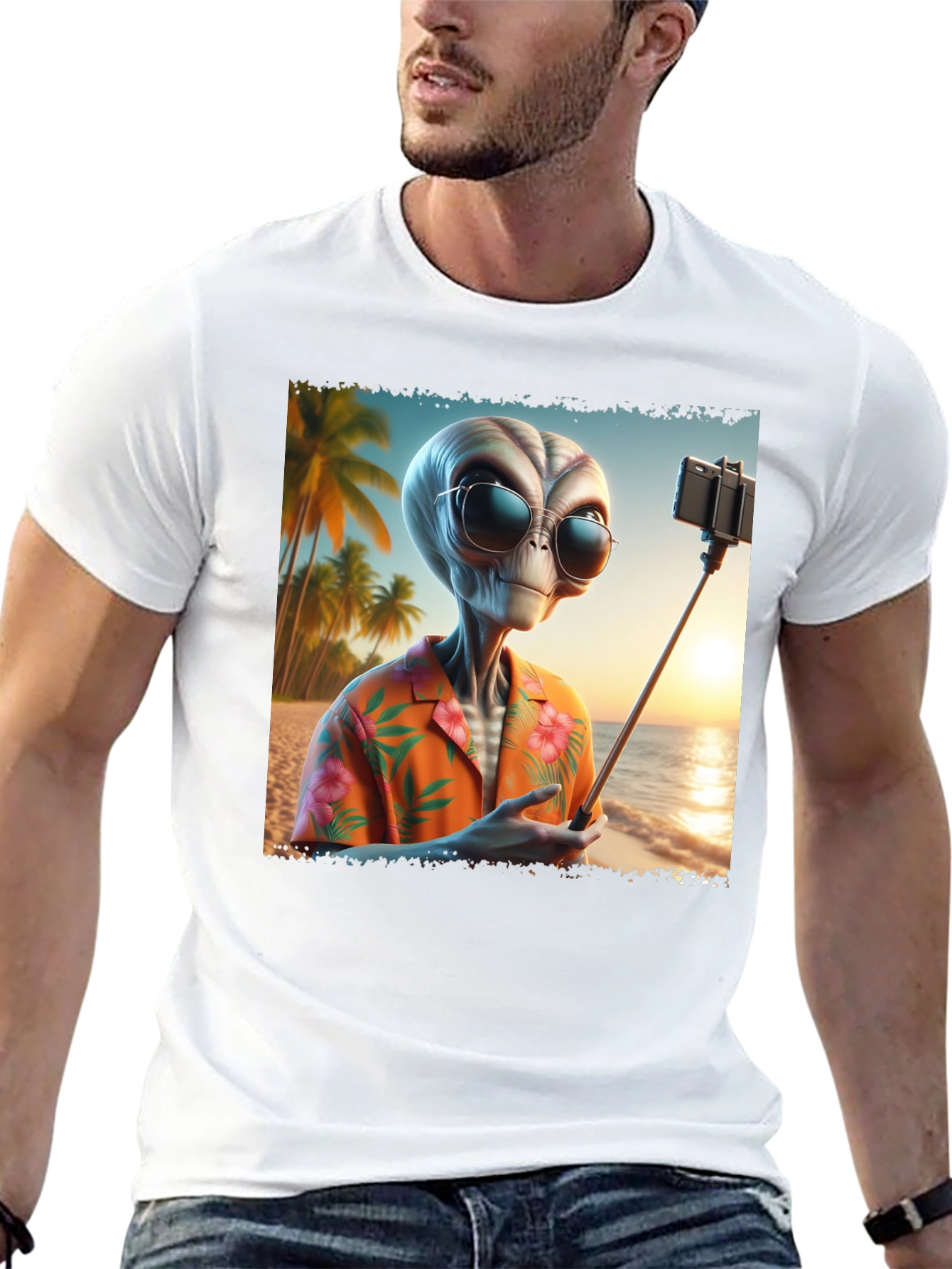 Black Alien Beach Selfie Graphic Tee - Black T-Shirt view 13