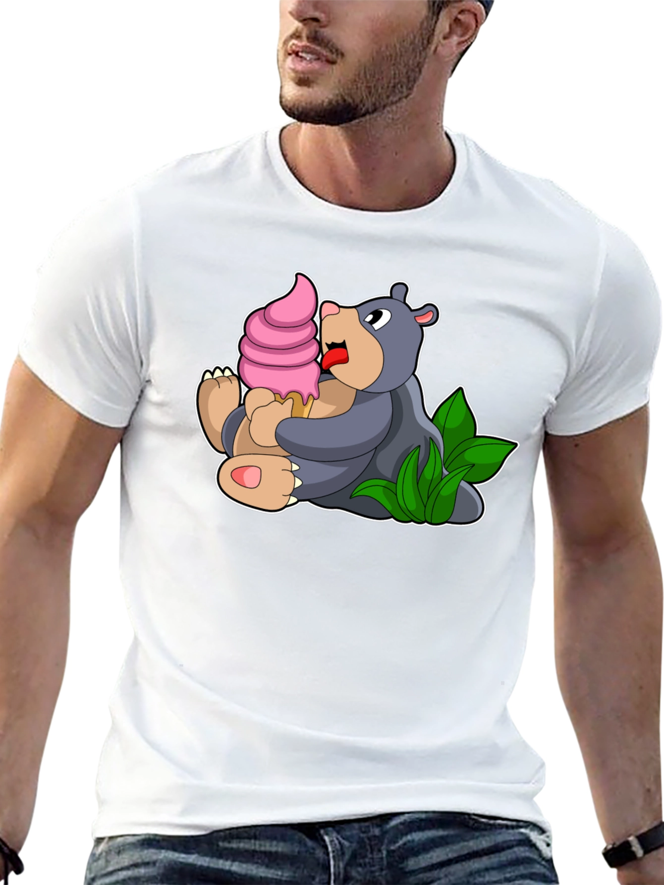 Black Cute Bear Eating Ice Cream Black T-Shirt view 13