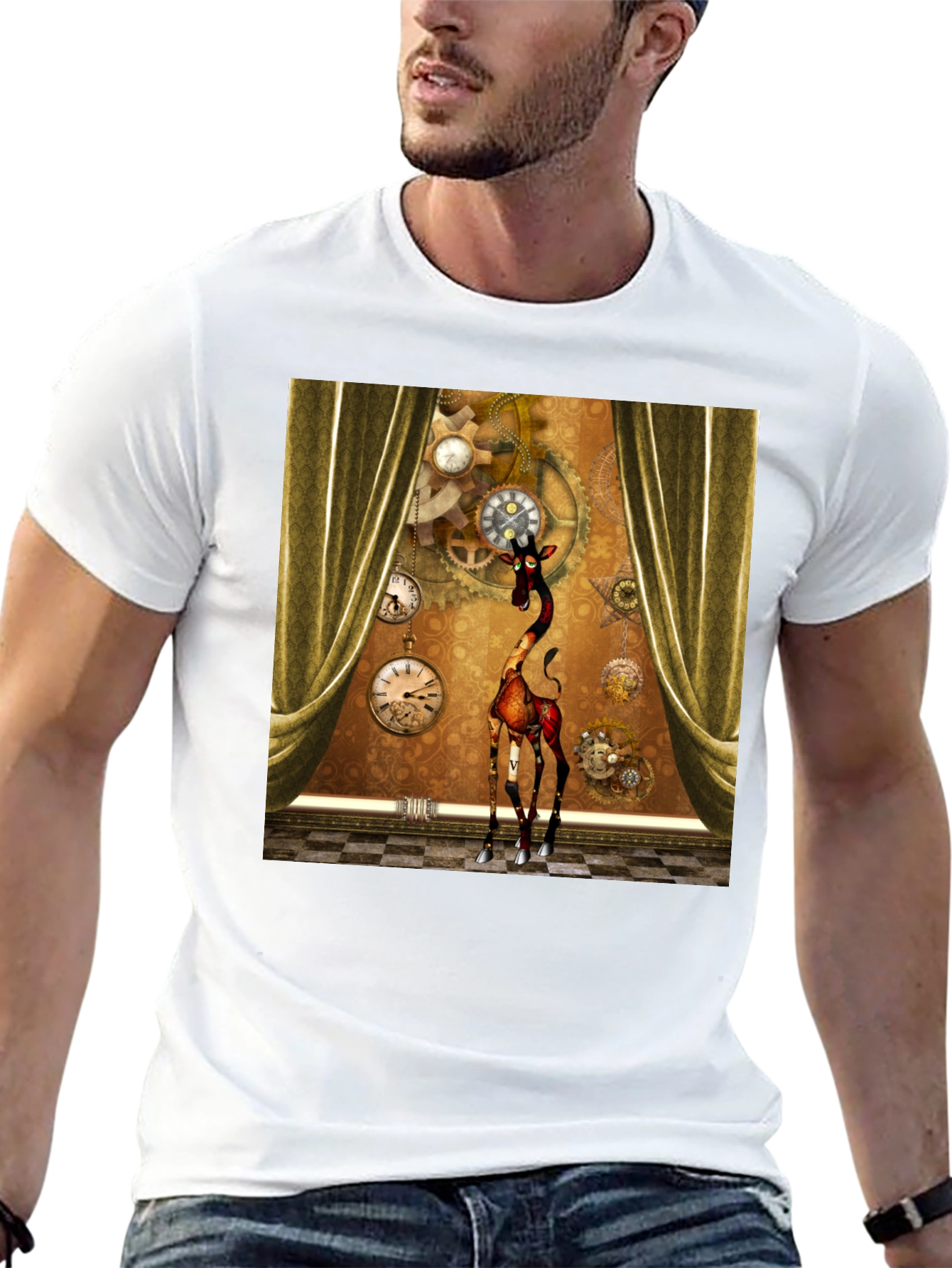 Black Steampunk Giraffe T-Shirt: Time Traveler's Style view 13
