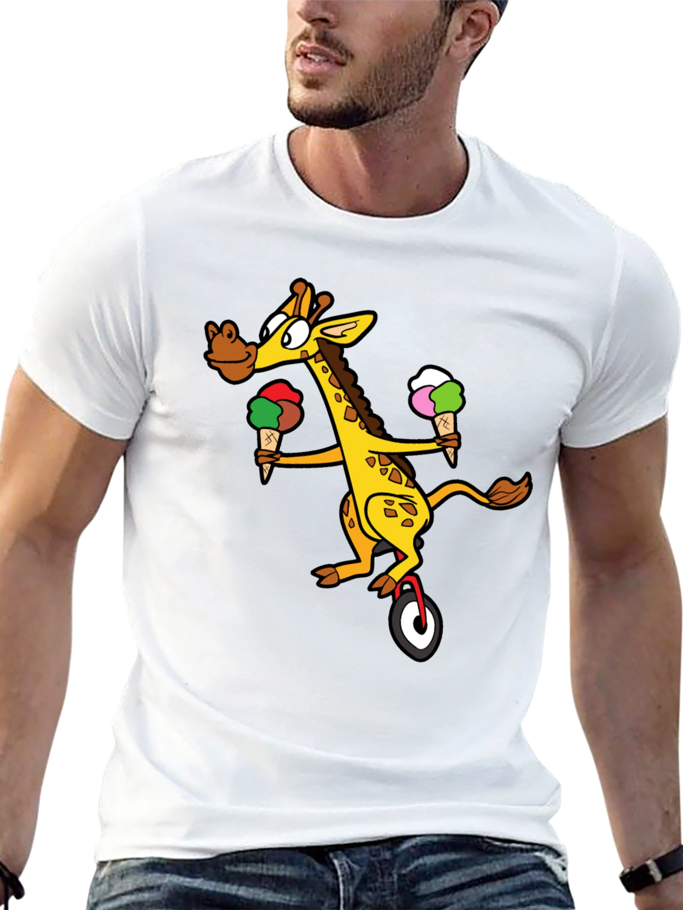 Black Giraffe Unicycle Ice Cream T-Shirt - Quirky Graphic Tee view 13