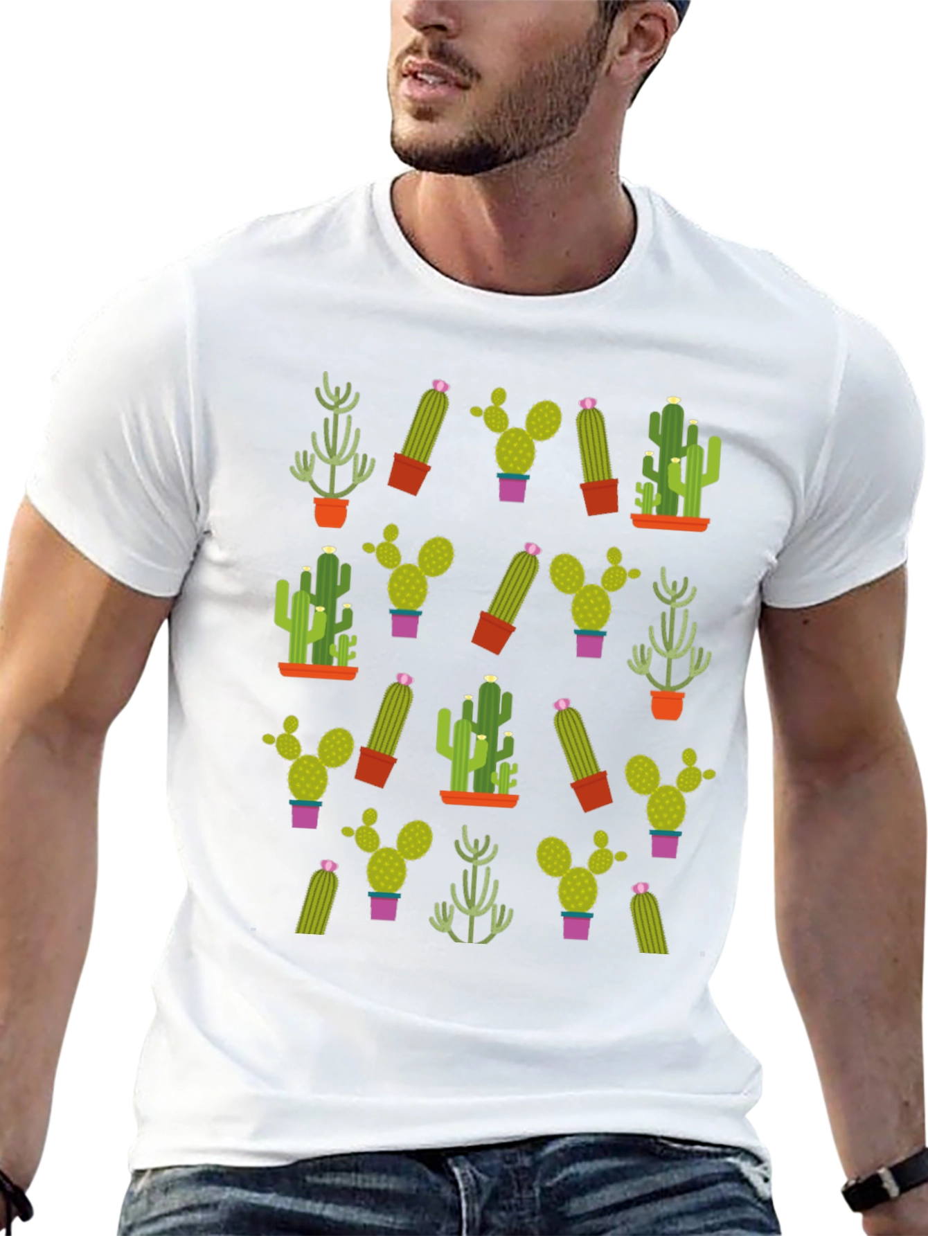 Black Cactus Pattern T-Shirt - Unique Plant Design view 13