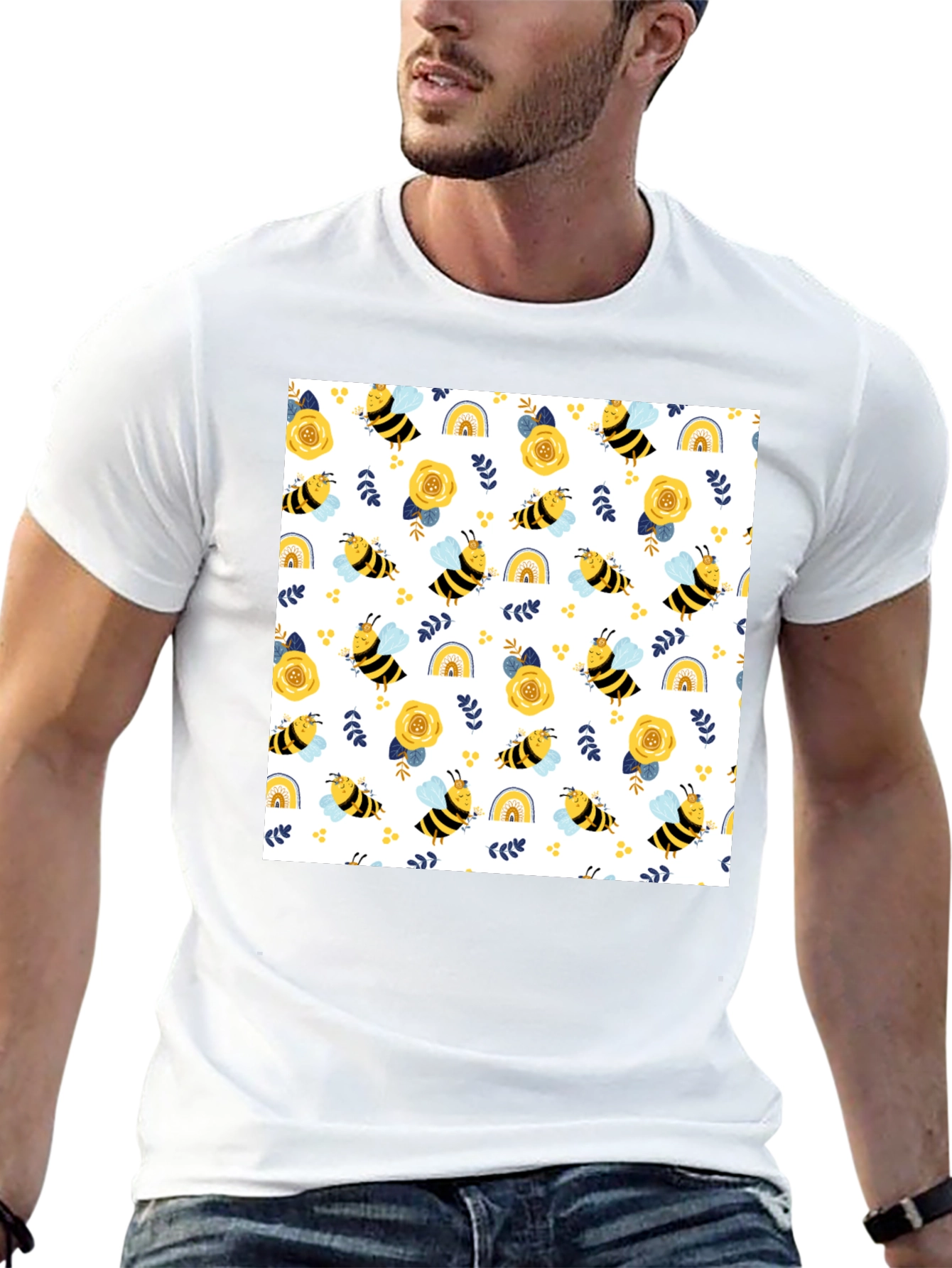Black Honey Bee Pattern T-Shirt view 13