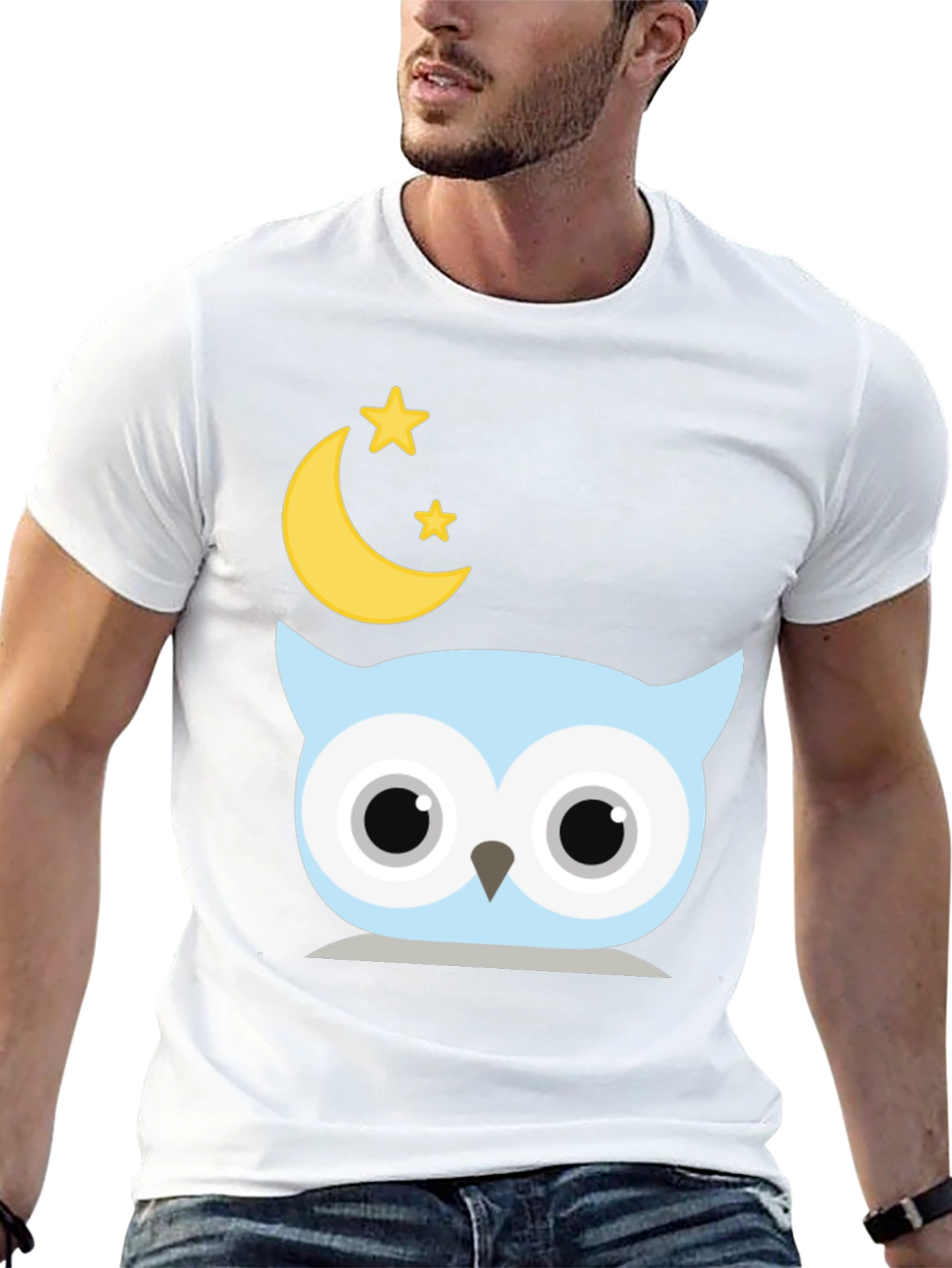 Black Cute Owl Moon Stars Graphic Black T-Shirt view 13