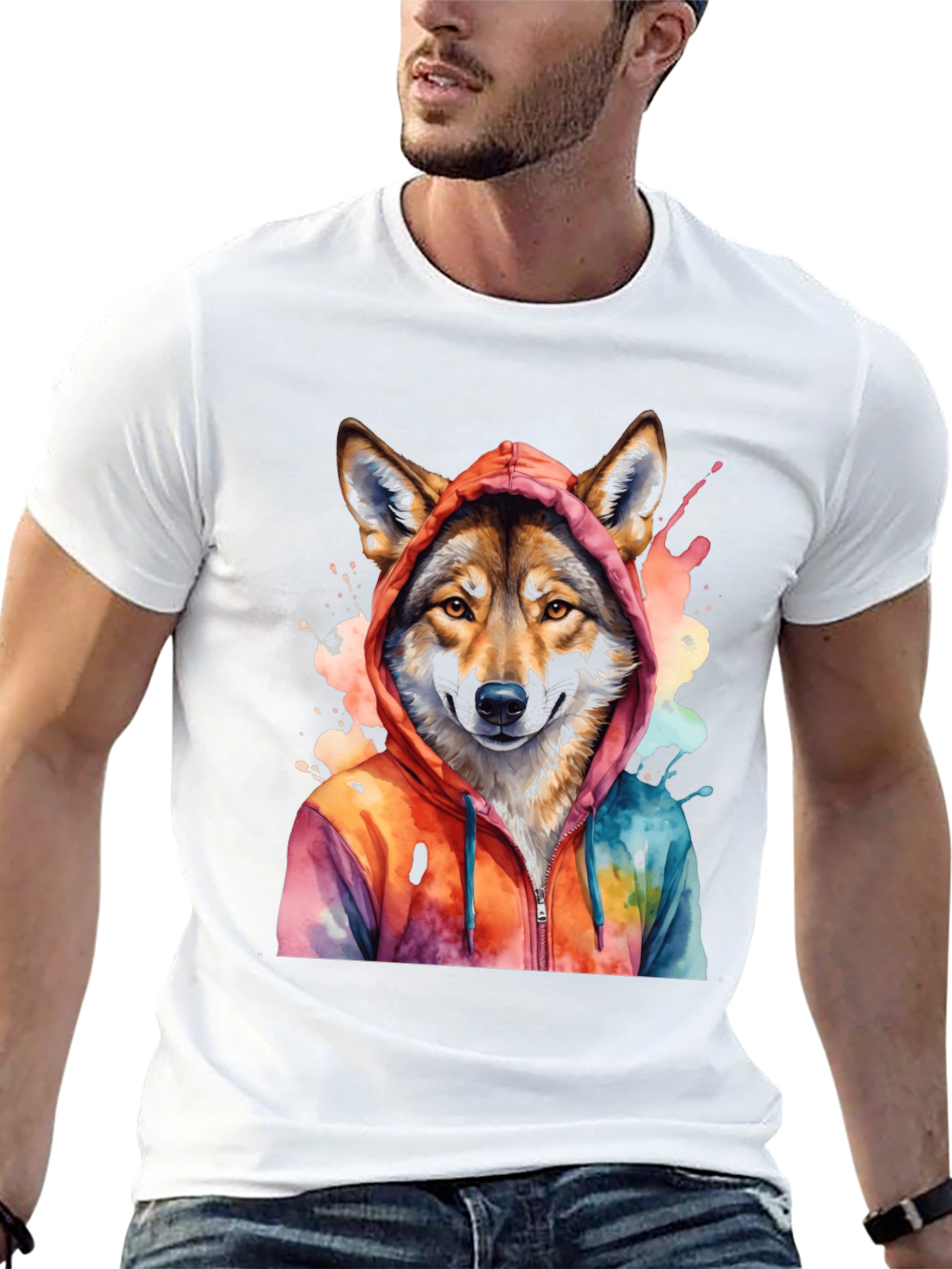Black Watercolor Wolf Hoodie Graphic Tee view 13