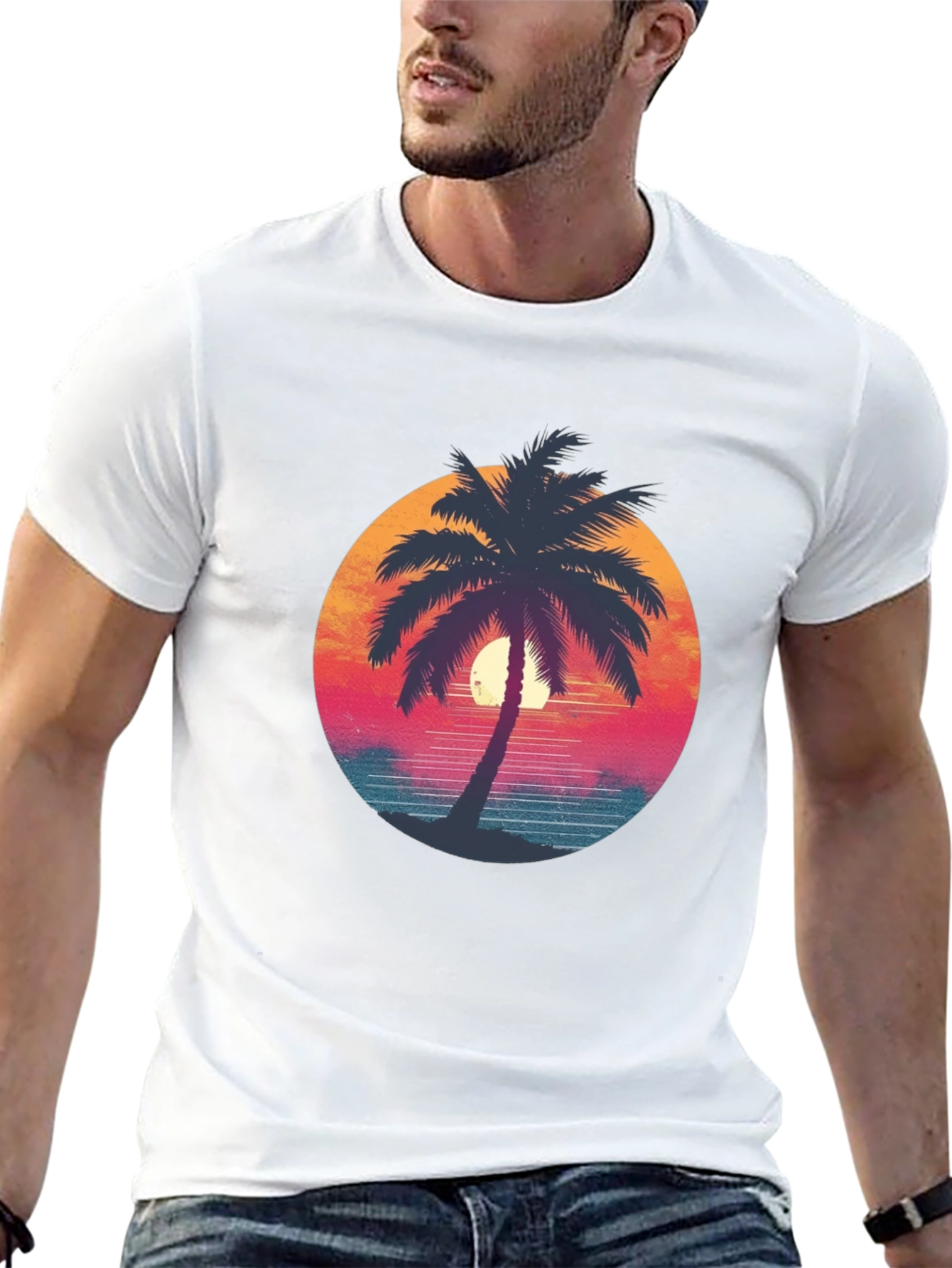 Black Retro Palm Tree Graphic Tee - Black Cotton T-Shirt view 13
