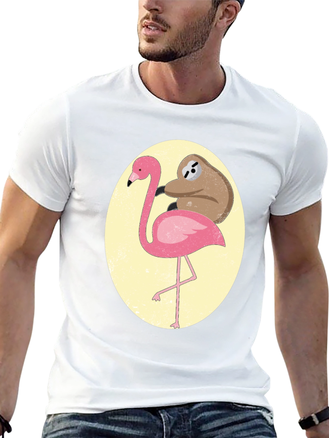 Black Sloth Riding Flamingo Graphic Tee - Black Cotton T-Shirt view 13