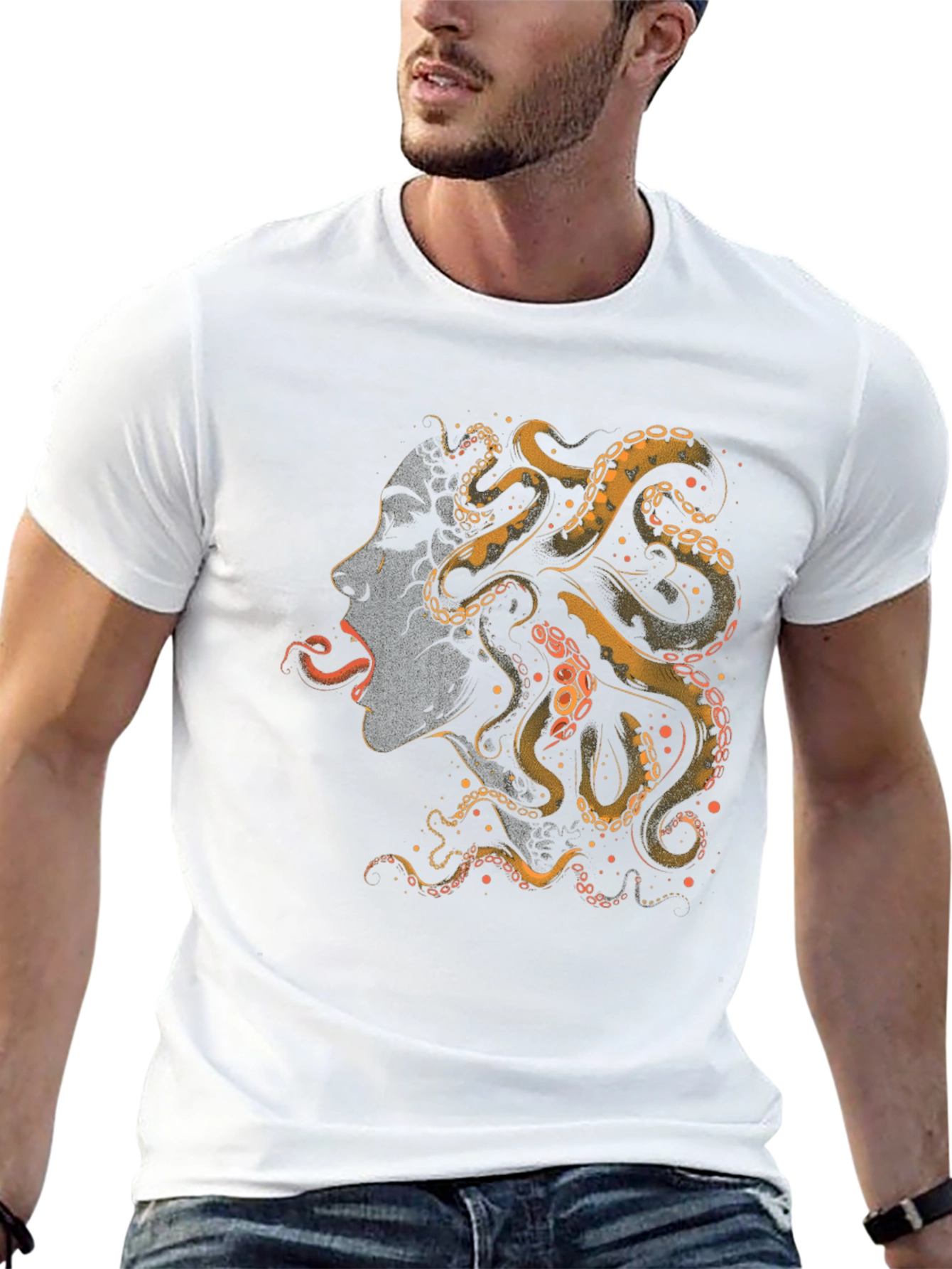 Black Octopus Woman Graphic Tee - Black Cotton T-Shirt view 13