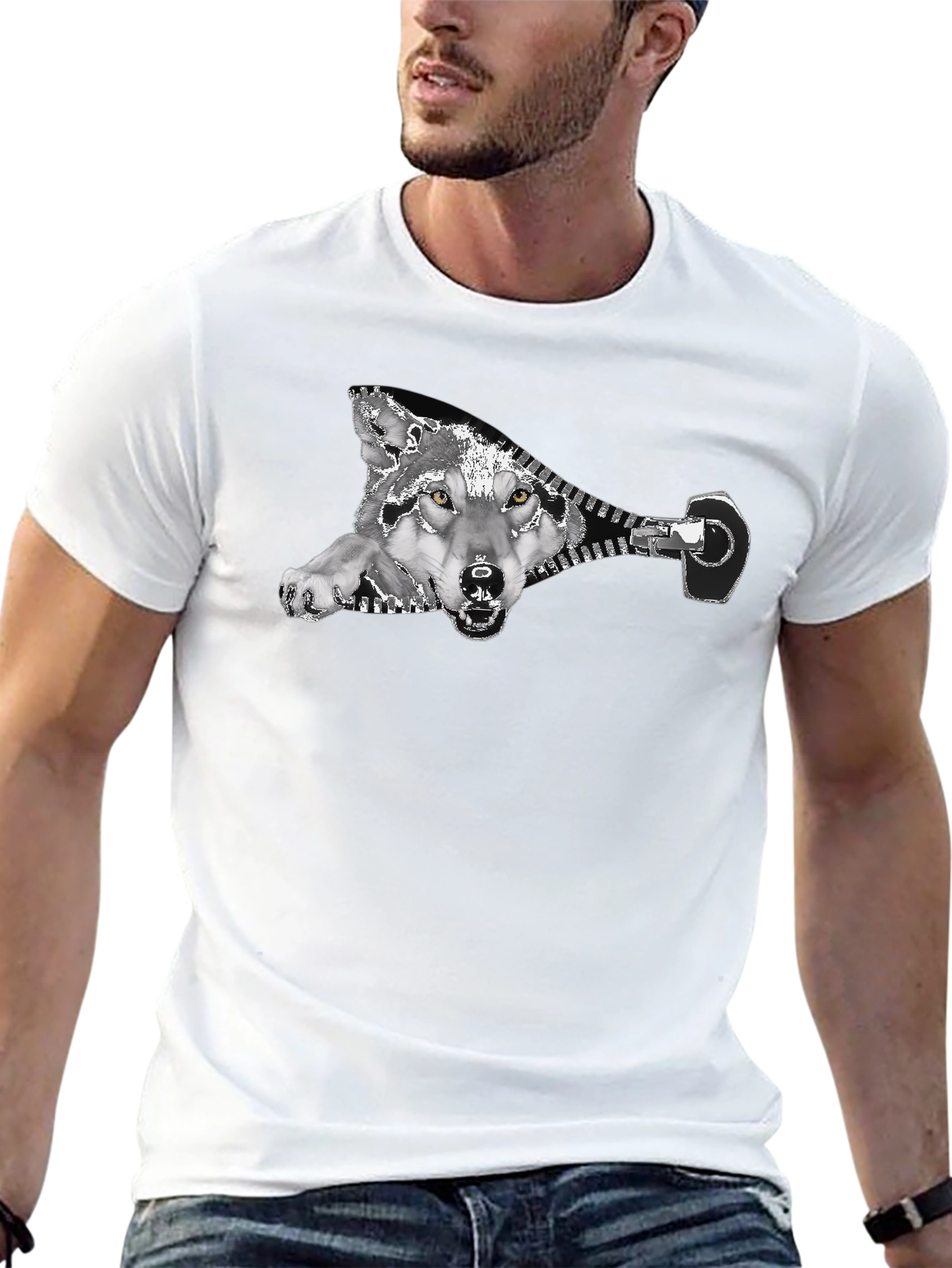 Black Wolf Zipper Graphic Print Black T-Shirt view 13