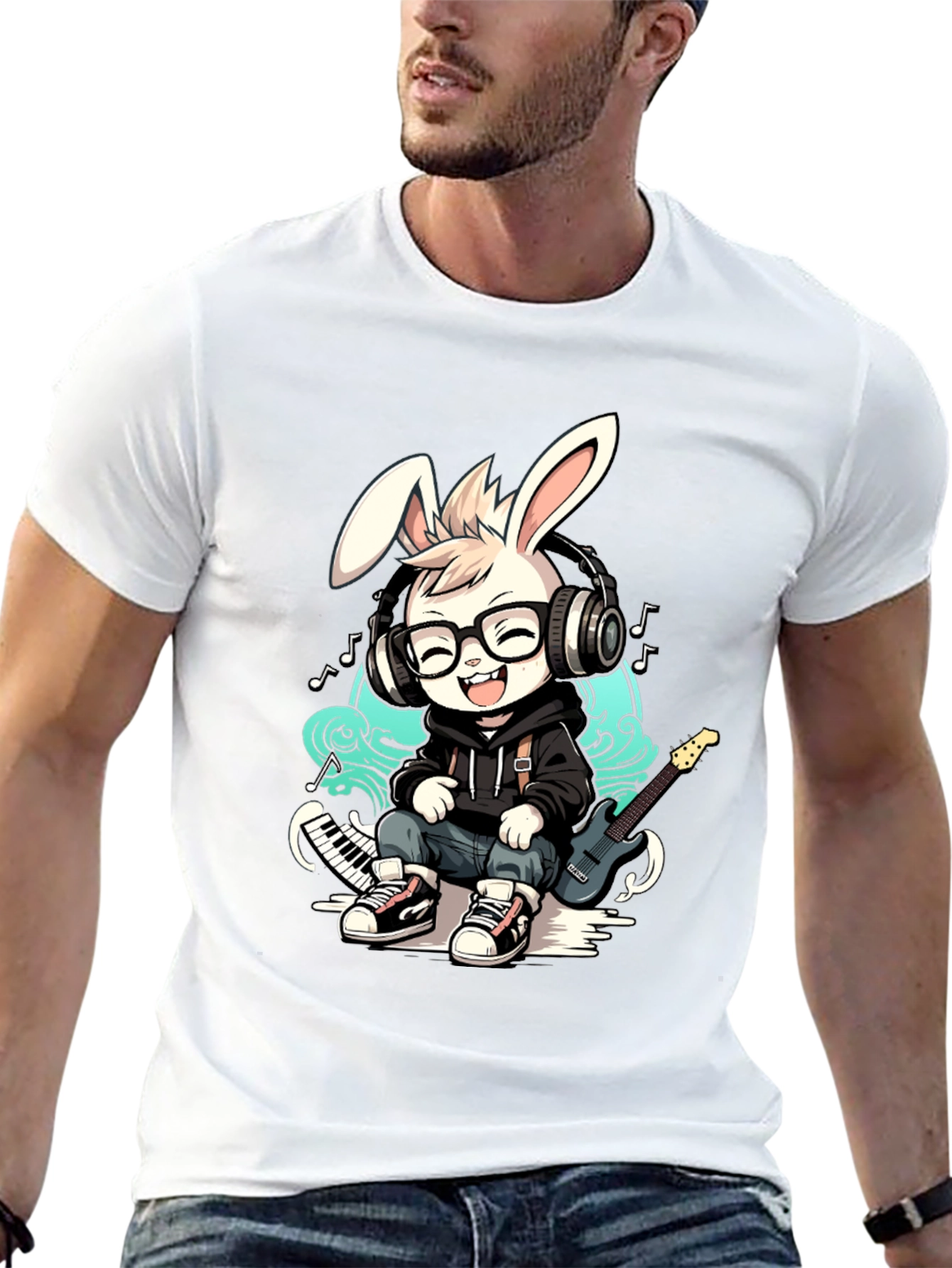Black Cool Bunny Musician T-Shirt view 13