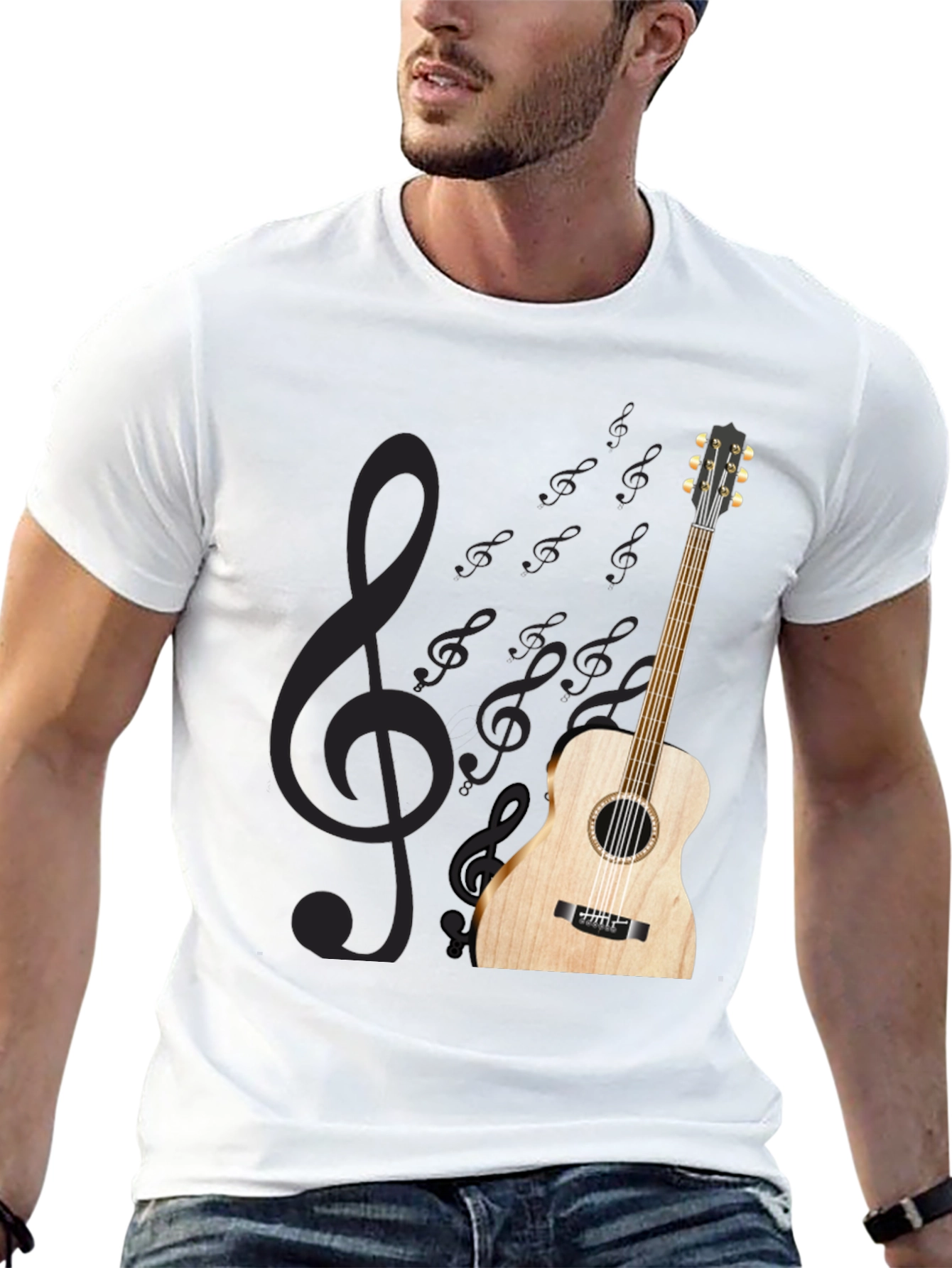 Black Acoustic Guitar Treble Clef Black T-Shirt view 13