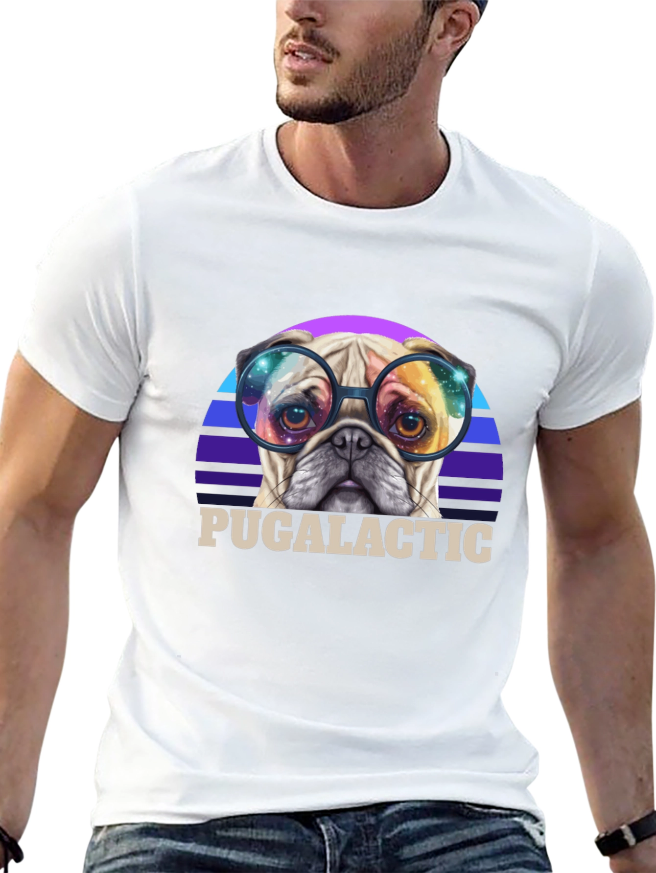Black Puggalactic T-Shirt: Galactic Pug in Glasses view 13