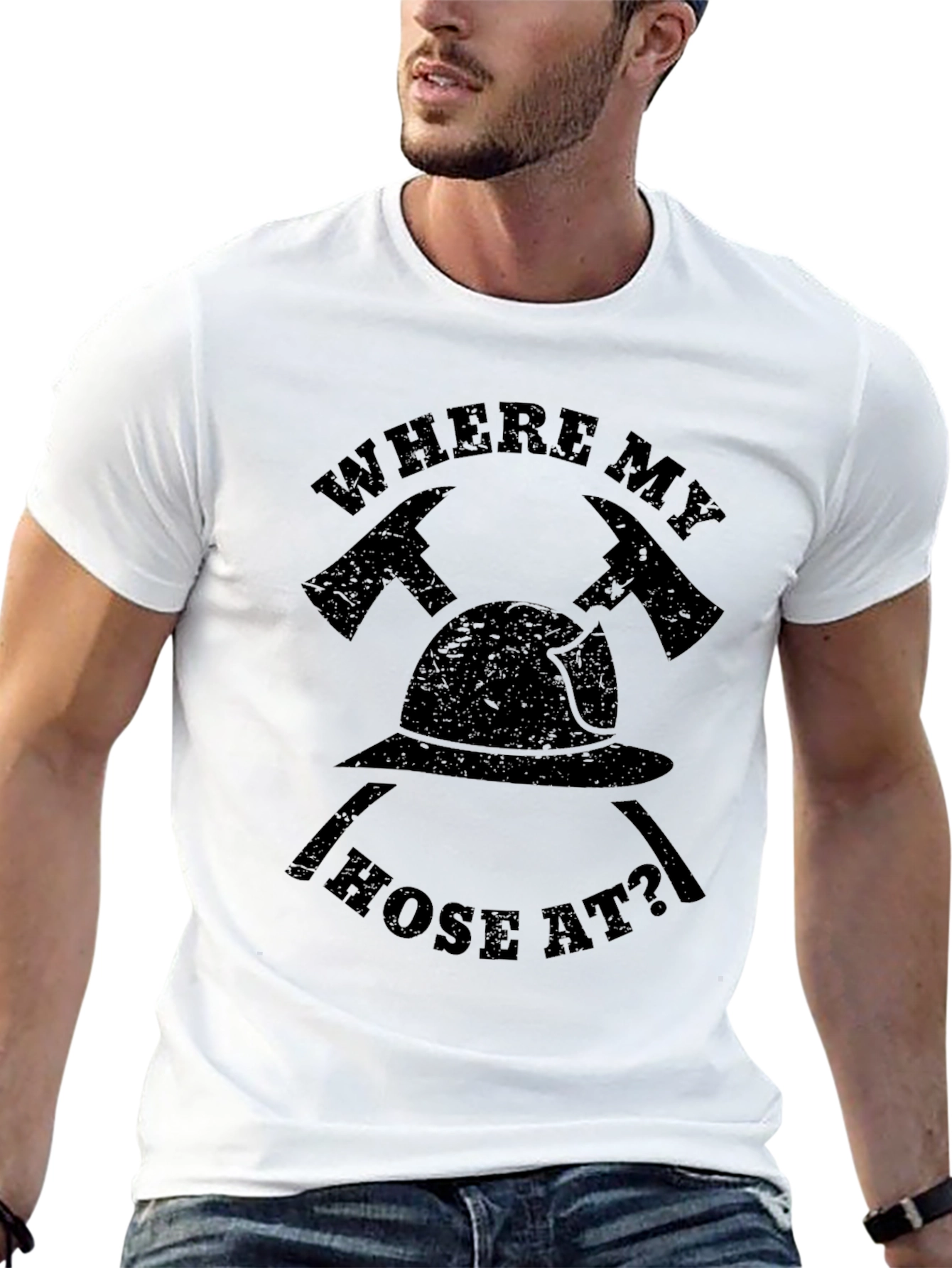 Black Firefighter "Where My Hose At?" Black T-Shirt view 13