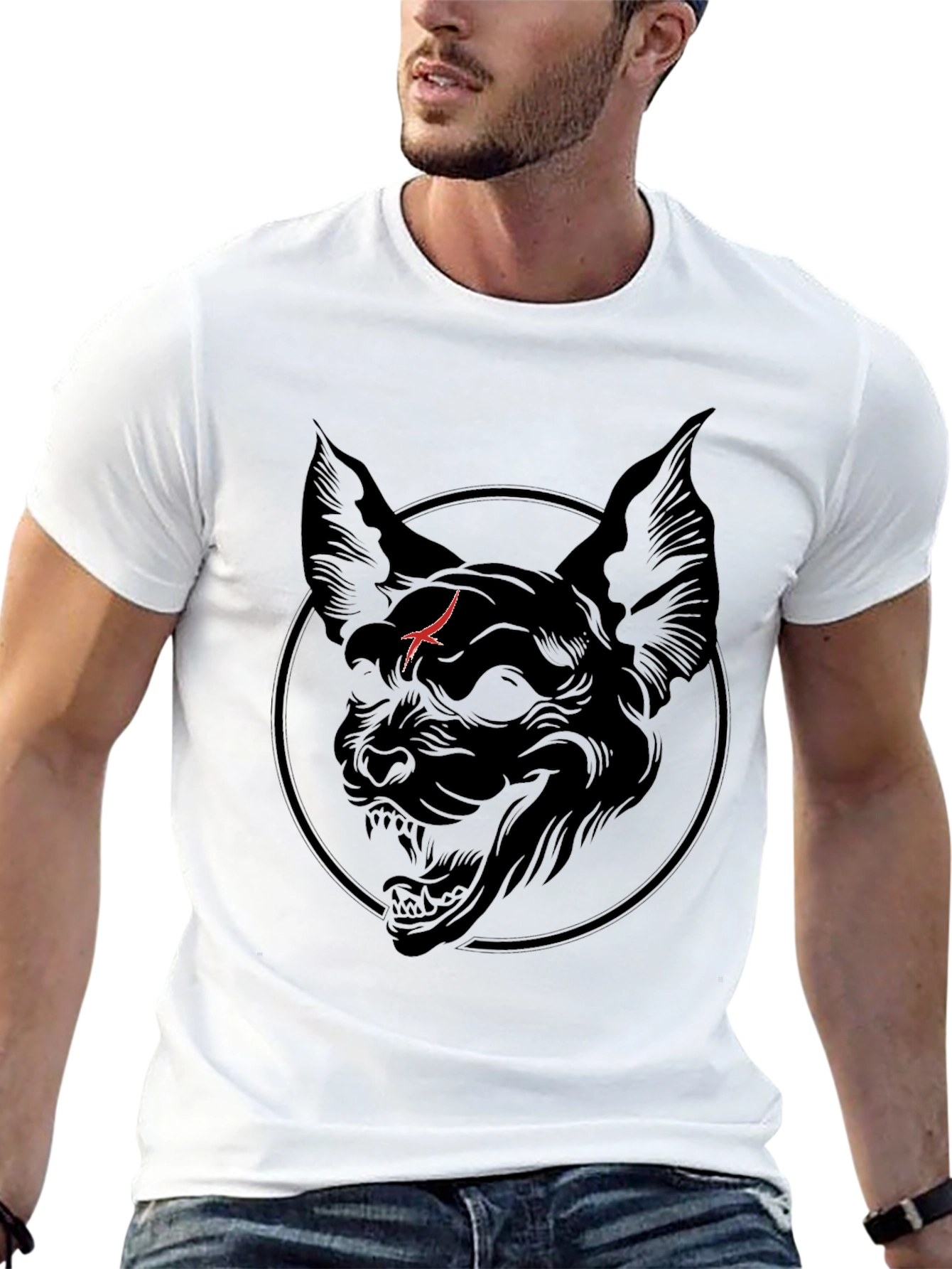 Black Men's Black T-Shirt with Cat Graphic view 13