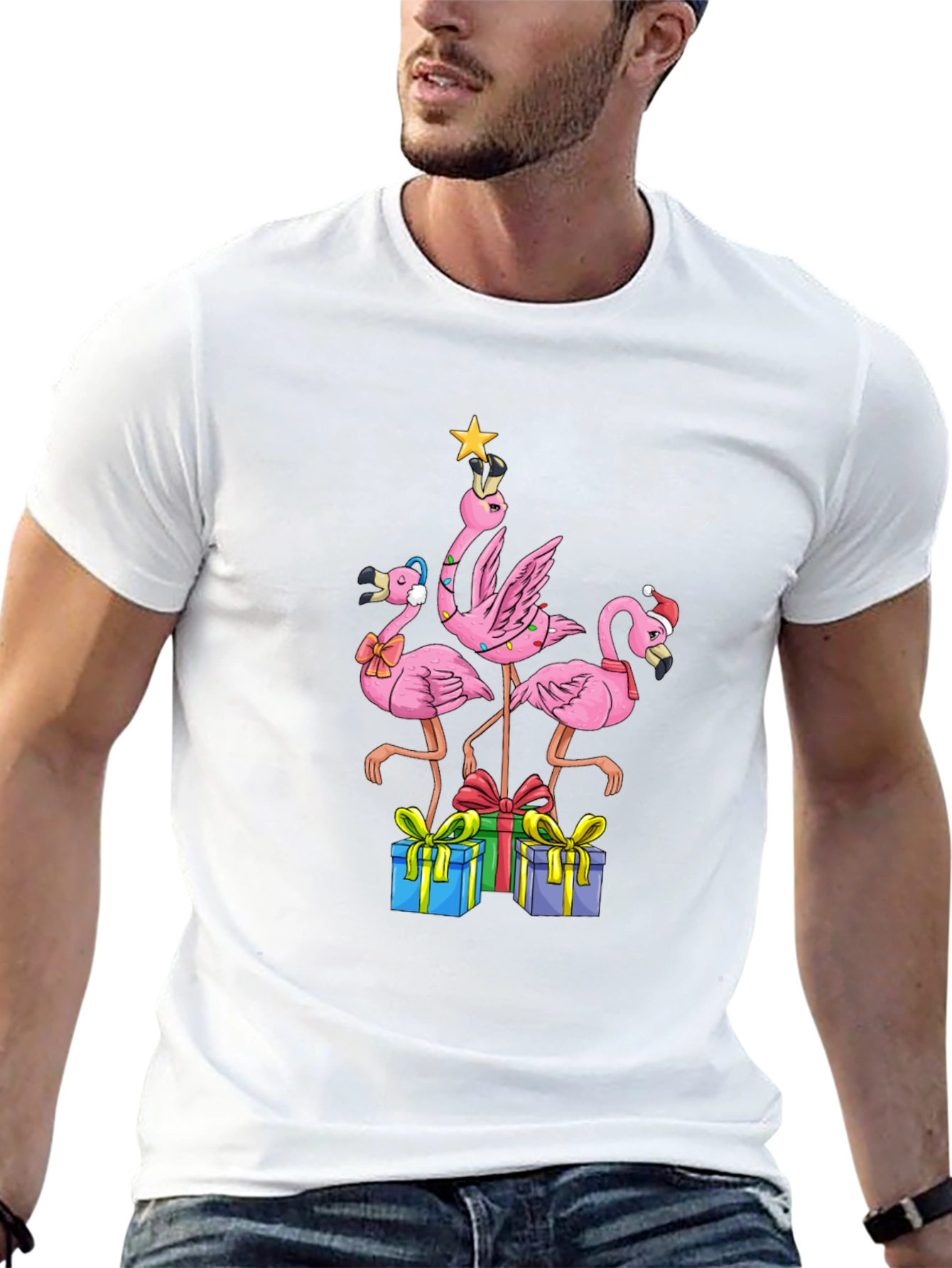 Black Festive Flamingo Christmas T-Shirt view 13