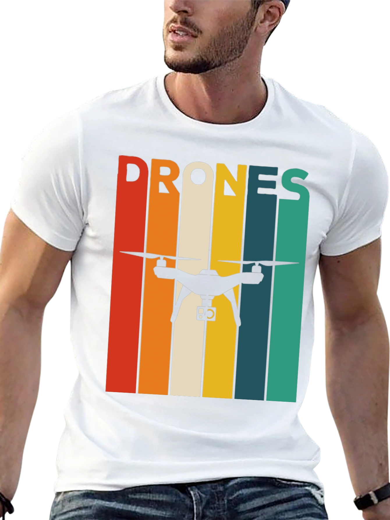 Black Retro Drone T-Shirt - Vintage Stripes Tee view 13