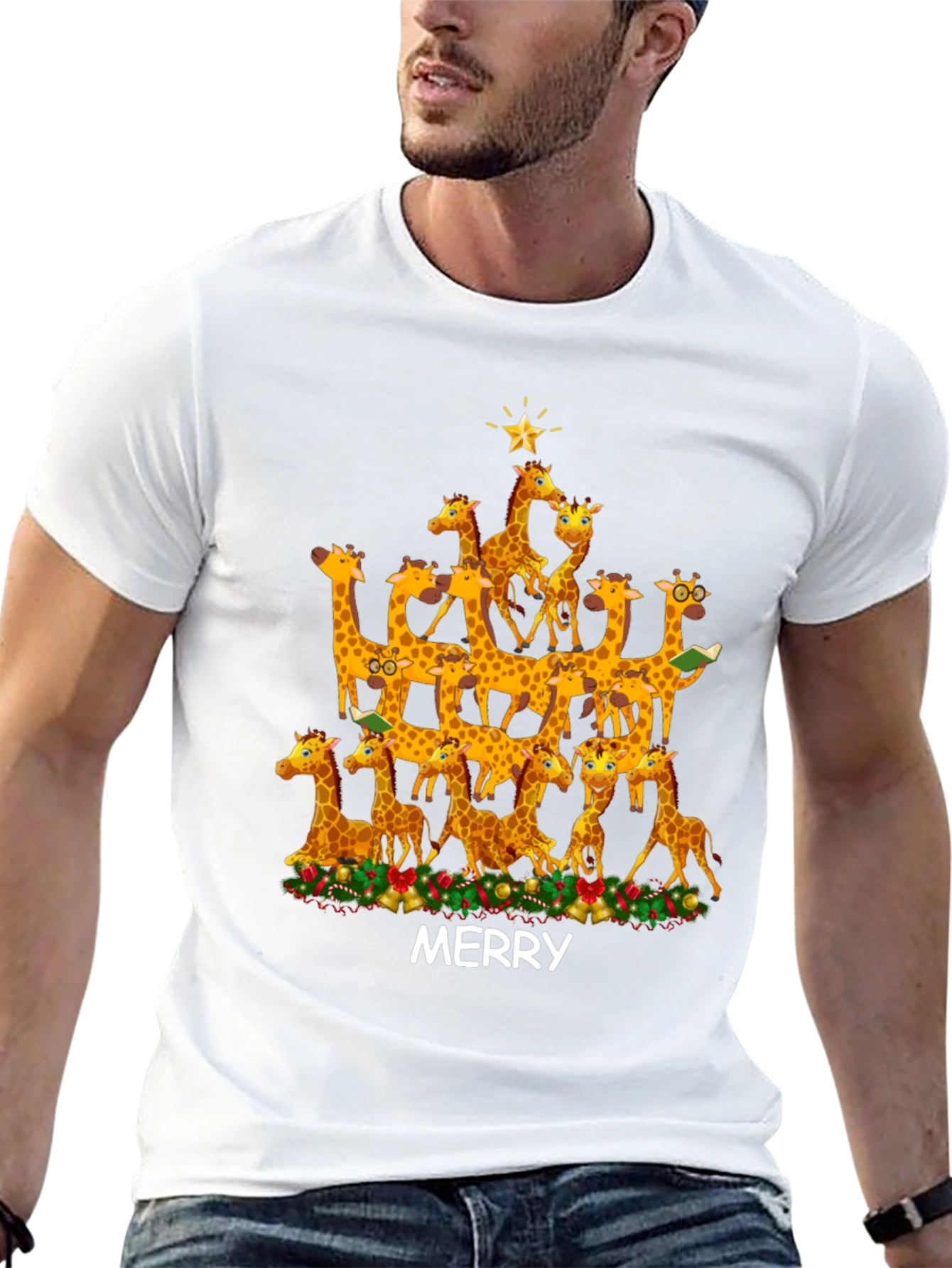 Black Merry Giraffe Christmas Tree T-Shirt view 13