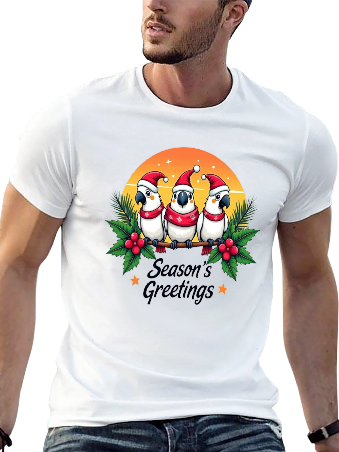 Black Festive Holiday Parrots T-Shirt view 13