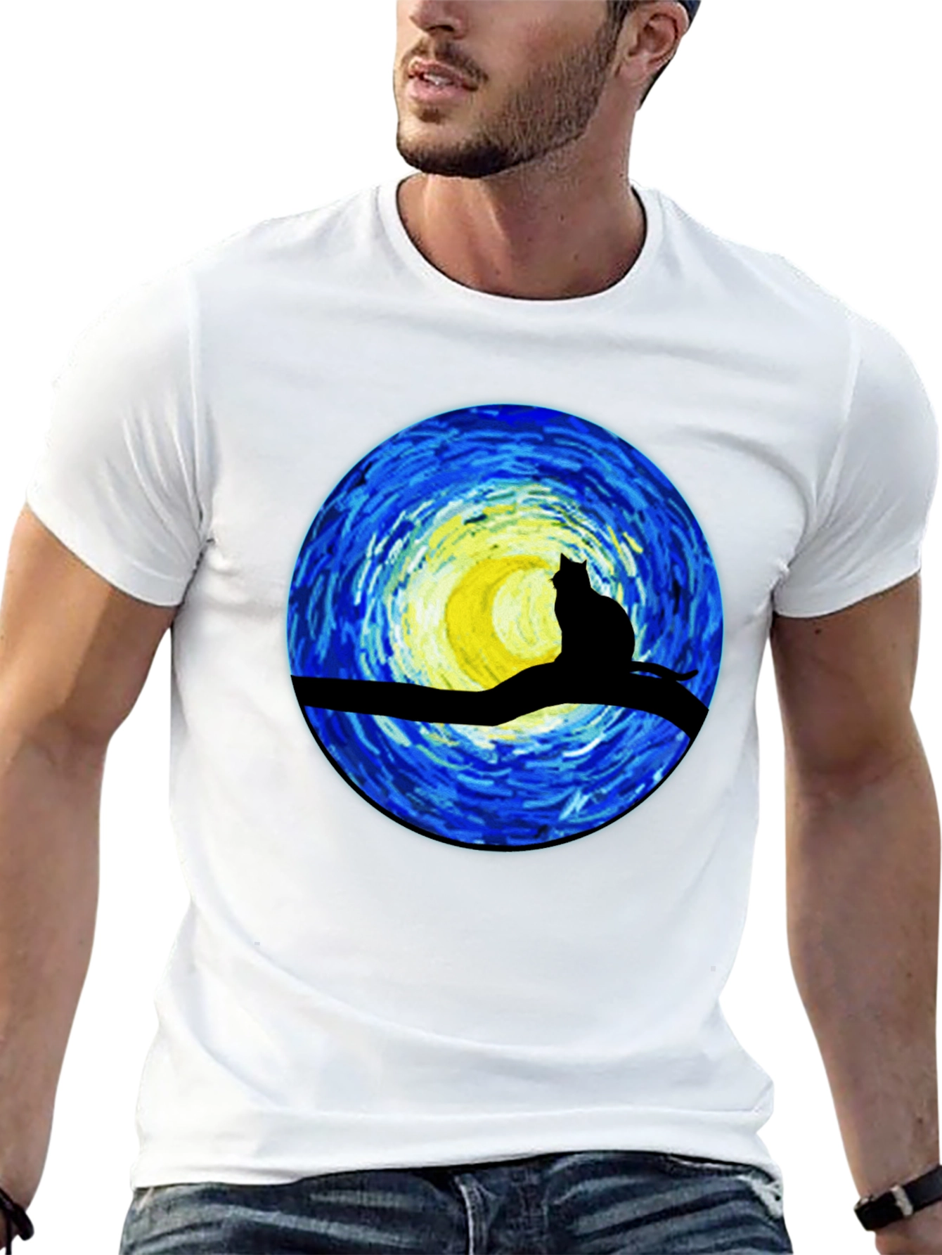 Black Starry Night Cat T-Shirt - Artistic Graphic Tee view 13