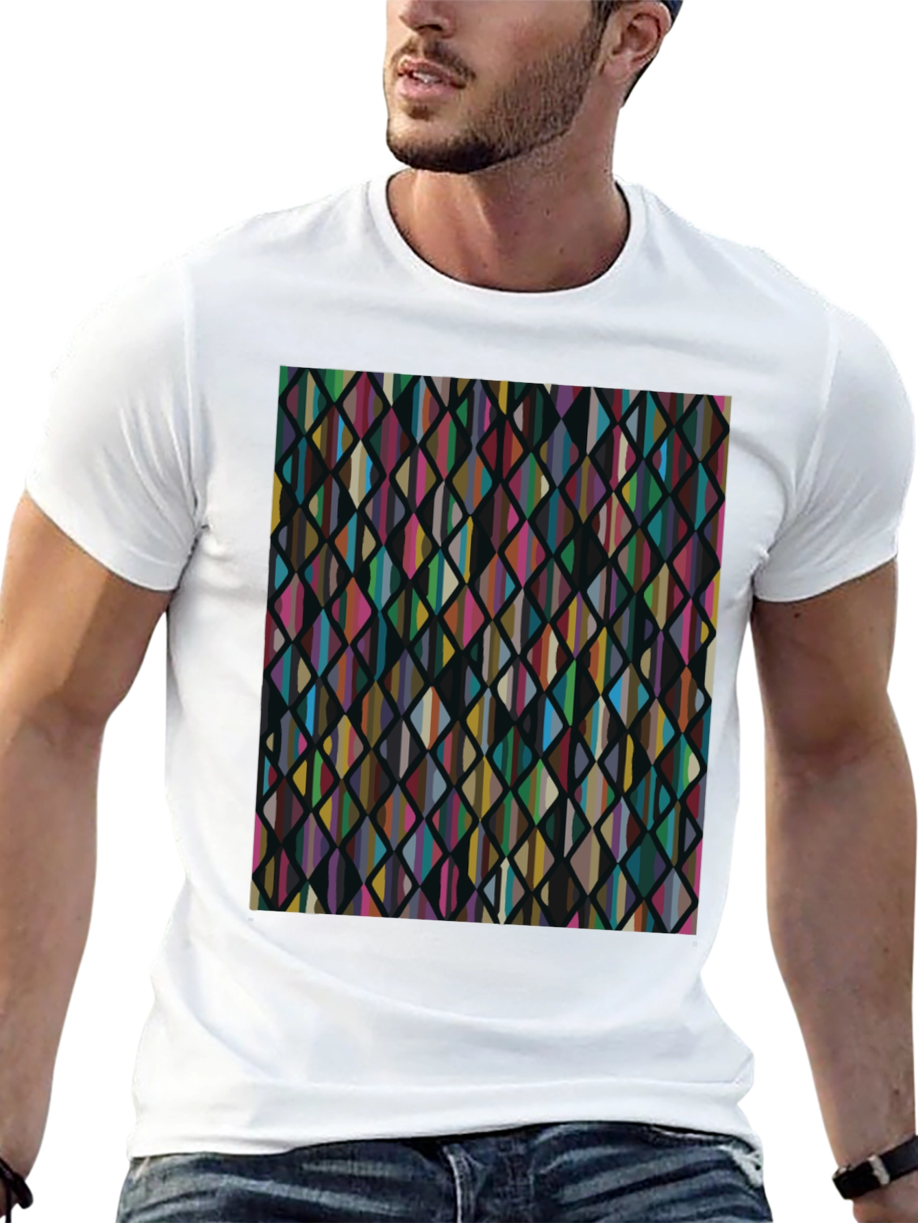 Black Abstract Geometric Rhombus Pattern Black T-Shirt view 13