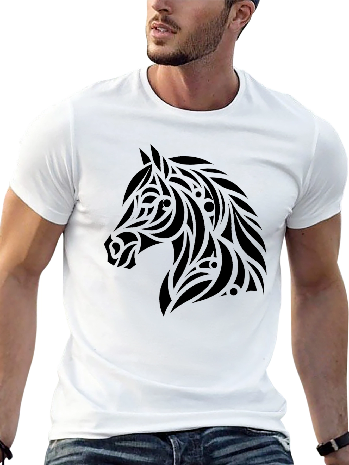 Black Tribal Horse Graphic Tee - Black Cotton Blend Shirt view 13