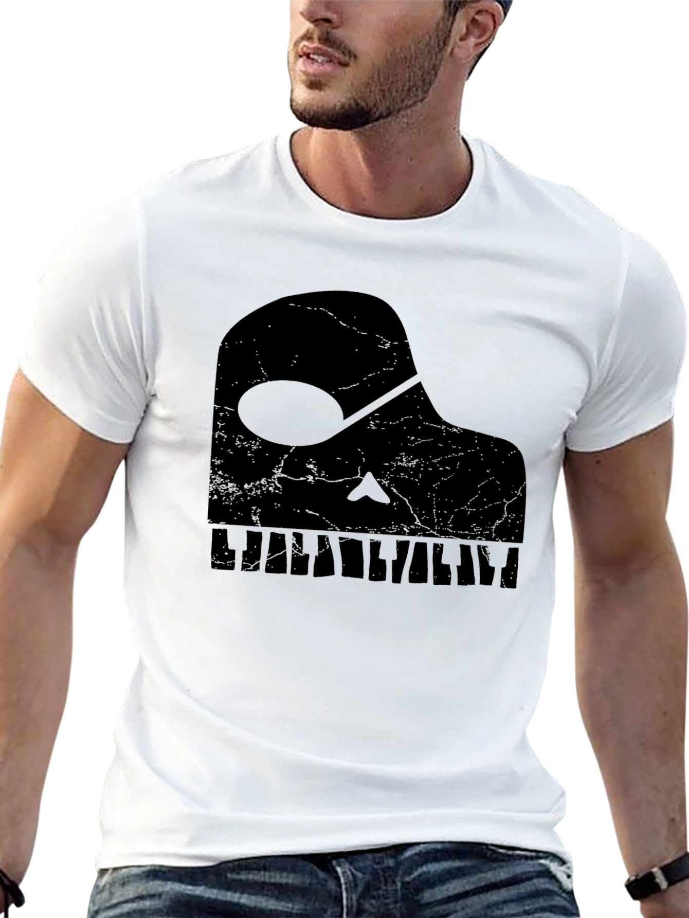 Black Piano Skull Graphic Tee - Music Lover's T-Shirt view 13