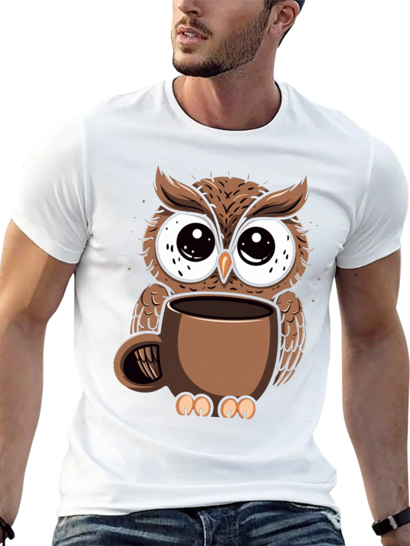 Black Owl Coffee Cup T-Shirt - Whimsical Bird Lover Tee view 13