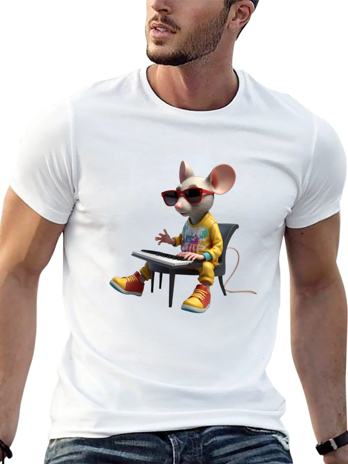 Black Cool Mouse Playing Piano Black T-Shirt view 13