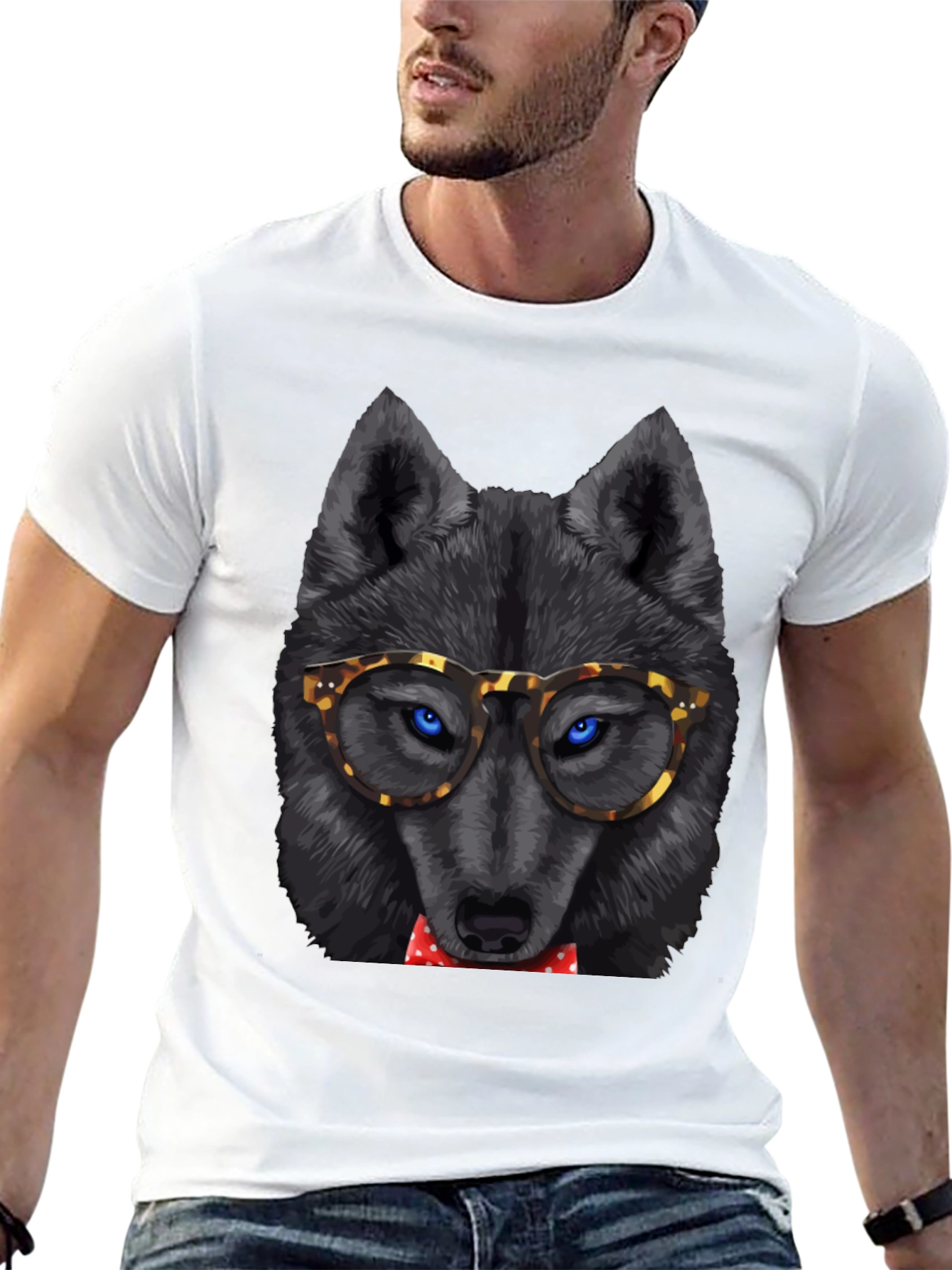 Black Wolf in Glasses Graphic Tee - Cool Animal Print Shirt view 13