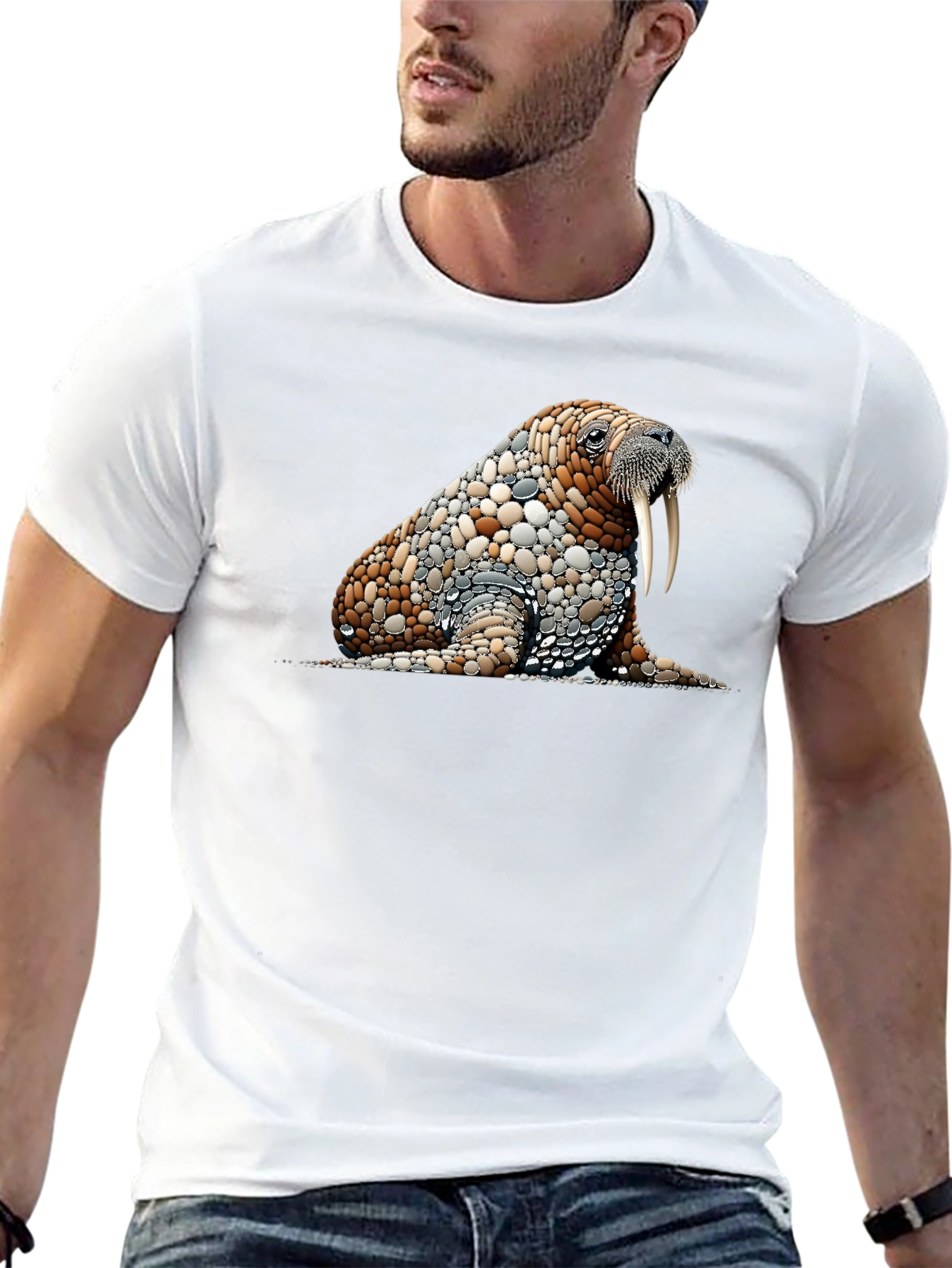 Black Unique Walrus Stone Art Men's Black T-Shirt view 13