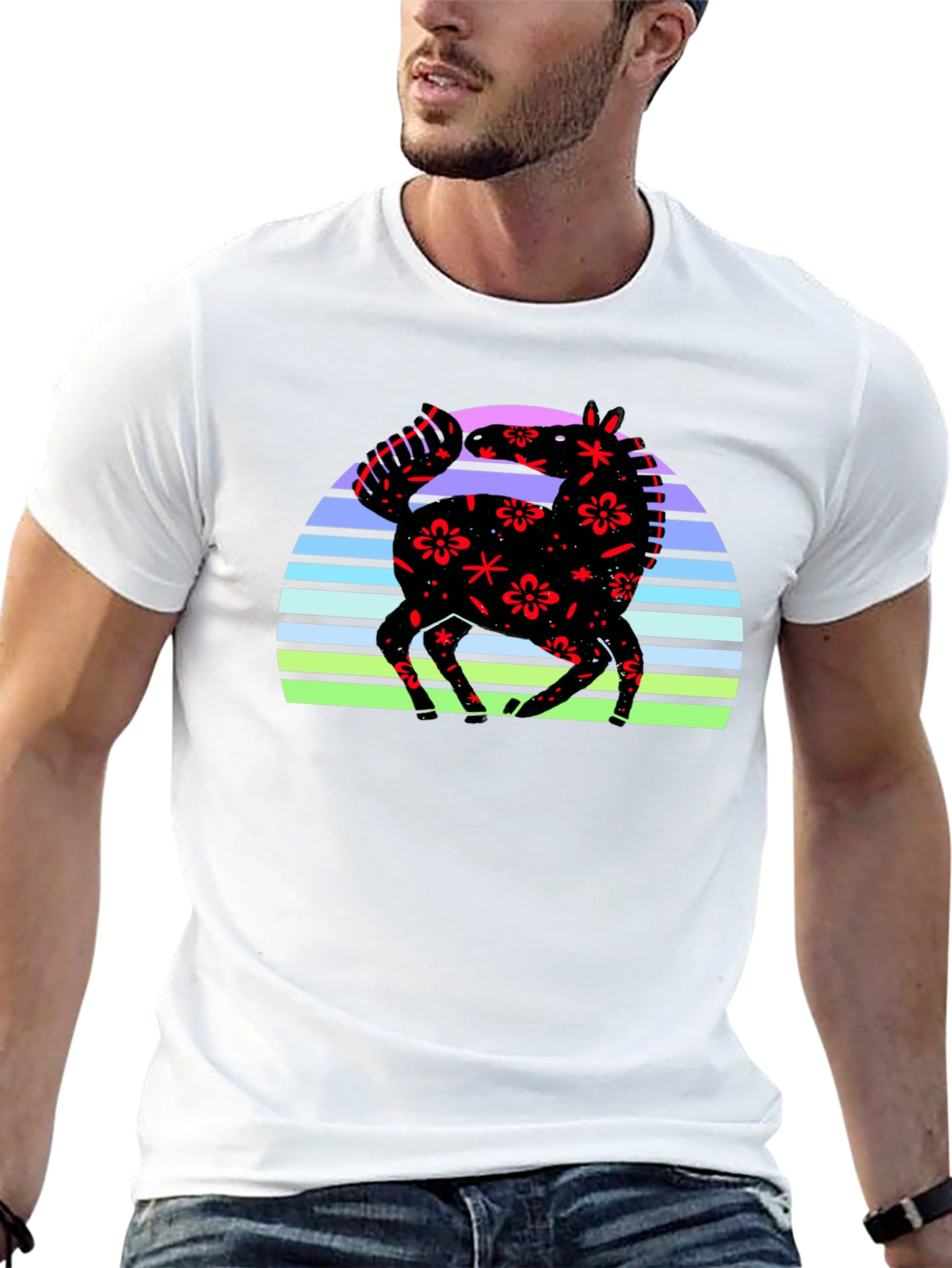 Black Floral Horse Sunset Graphic Tee - Black view 13