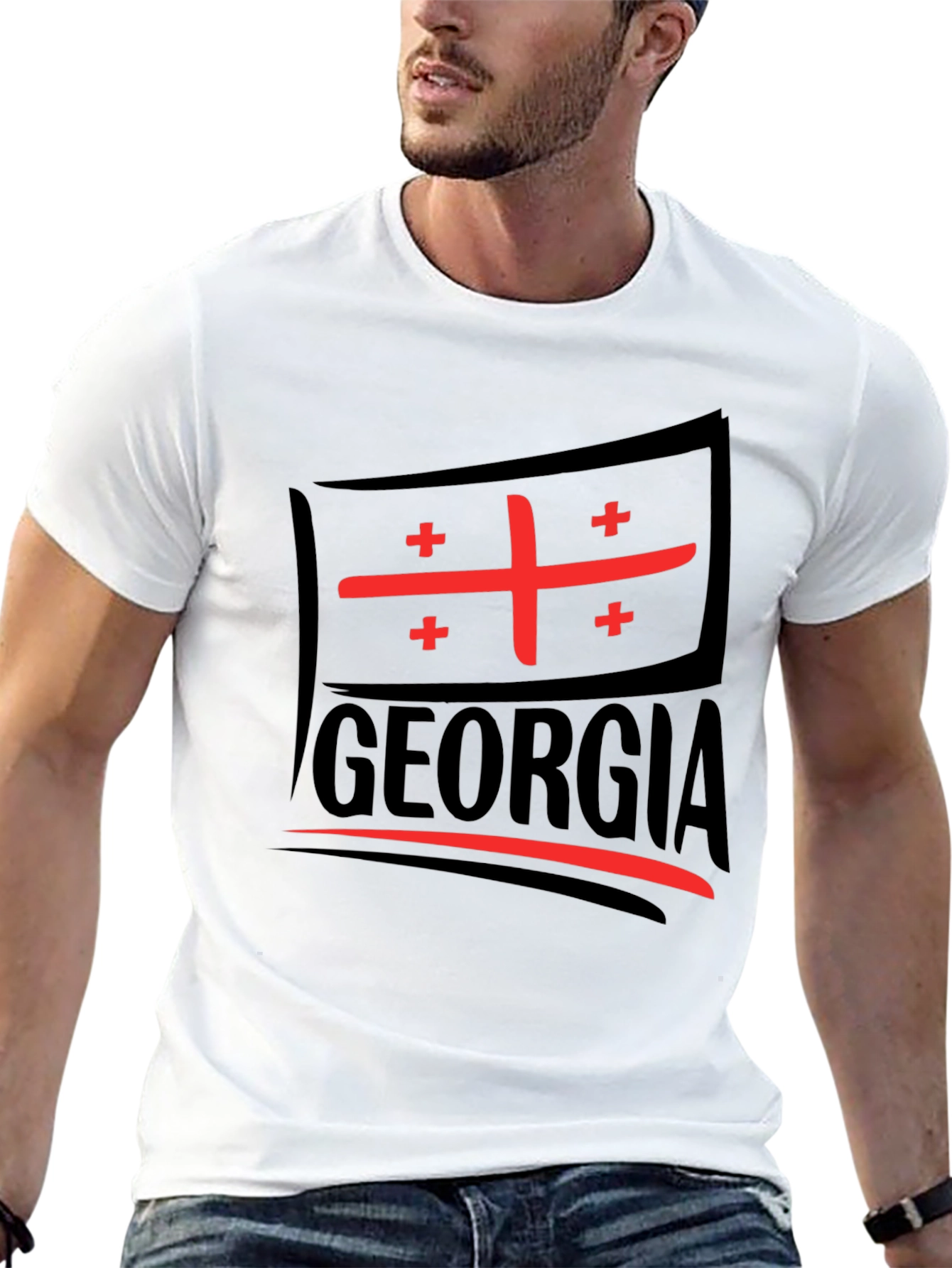 Black Georgia Flag T-Shirt - Black Cotton Tee view 13