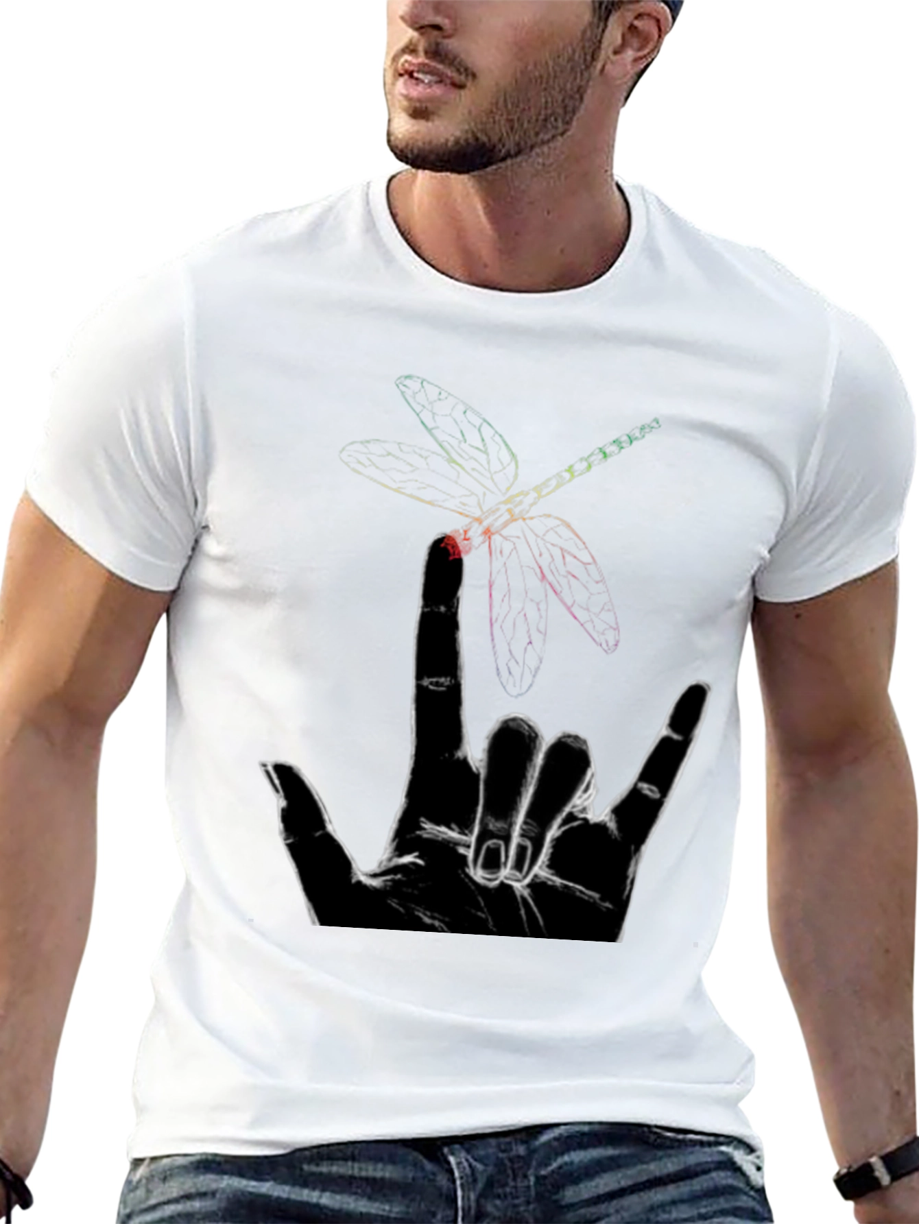 Black Dragonfly Hand Sign Graphic Tee - Black Cotton view 13