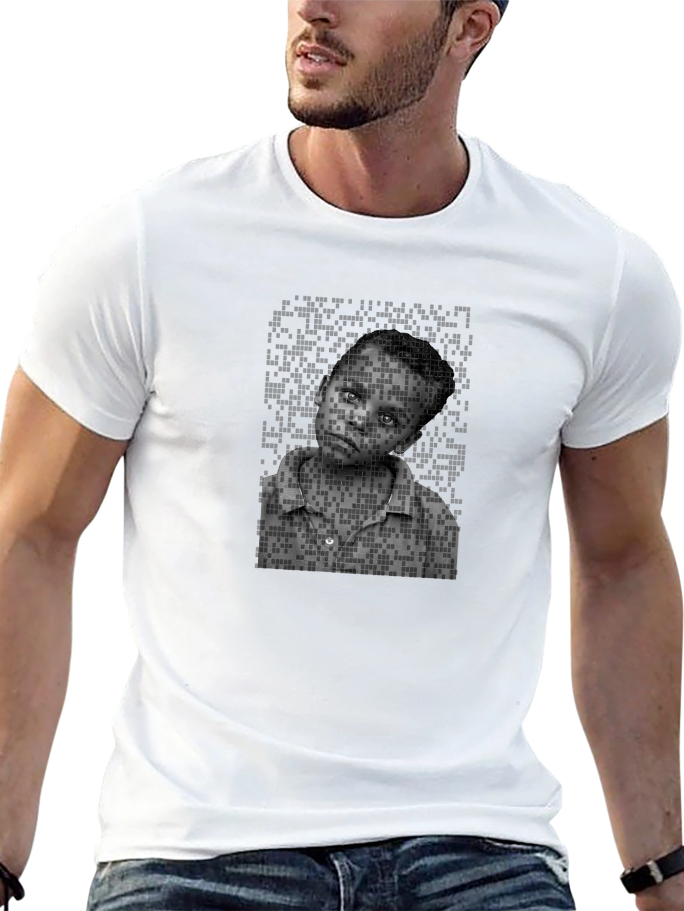 Black Pixelated Portrait Tee - Unique Graphic Design view 13