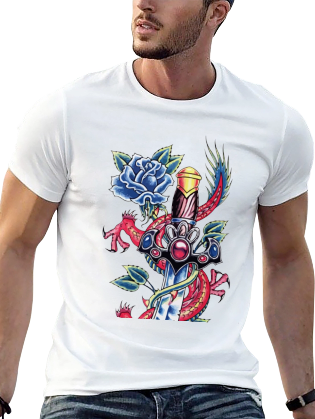 Dragon Sword Tattoo Graphic Men's Tee - 13
