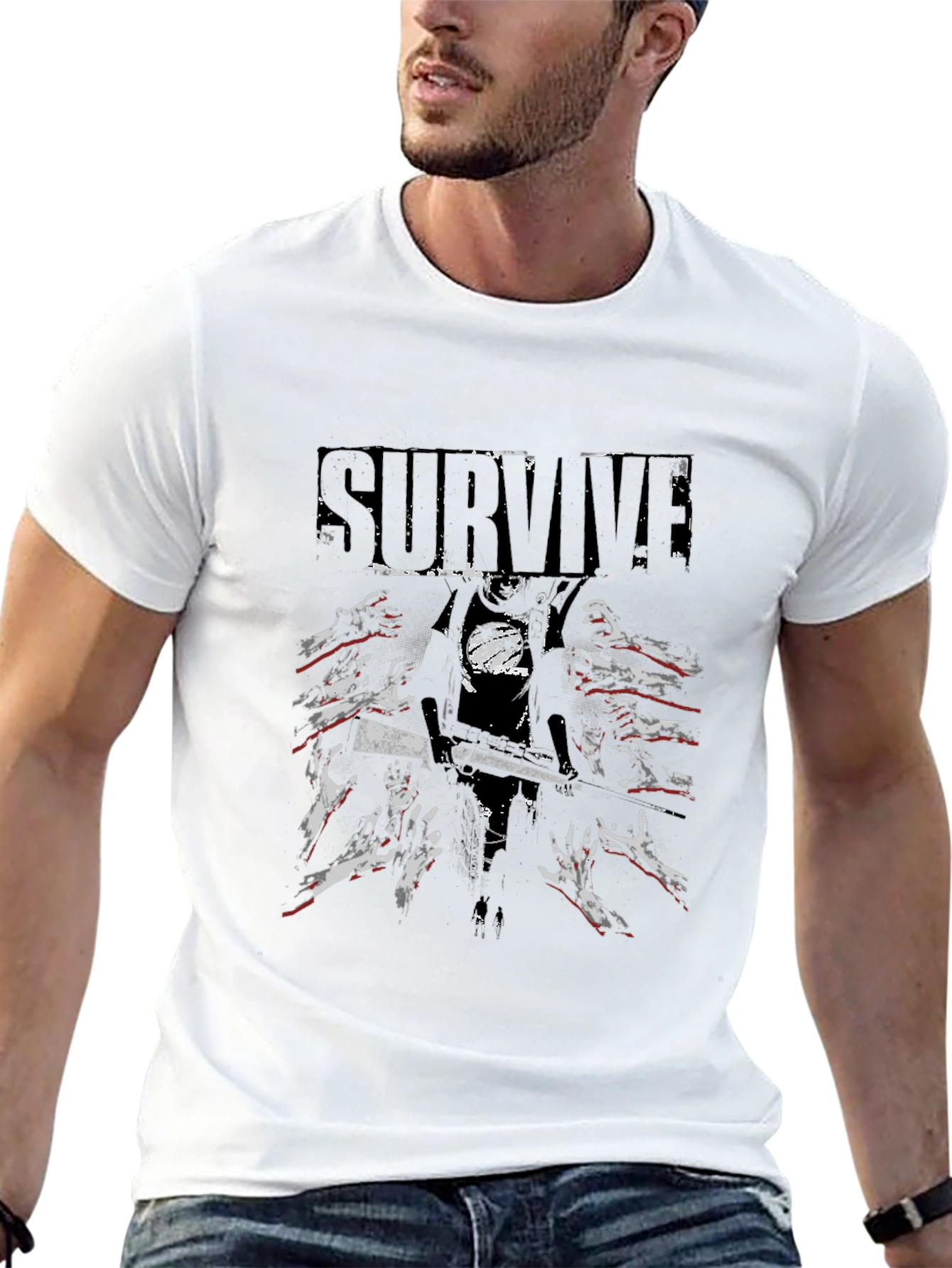 Black Survive Zombie Graphic Print Black T-Shirt view 13