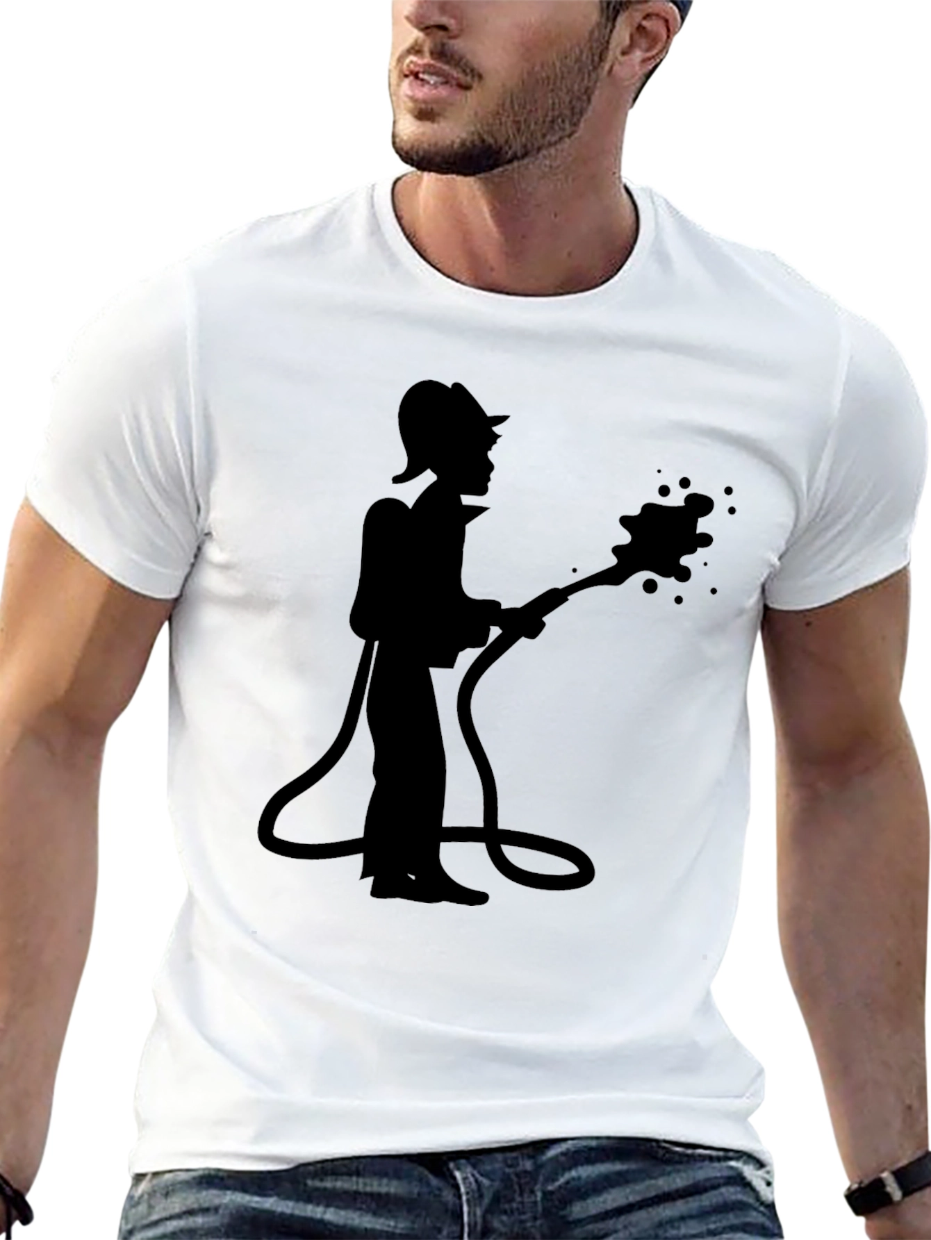 Black Firefighter Silhouette Graphic Tee - Black Cotton Casual Shirt view 13