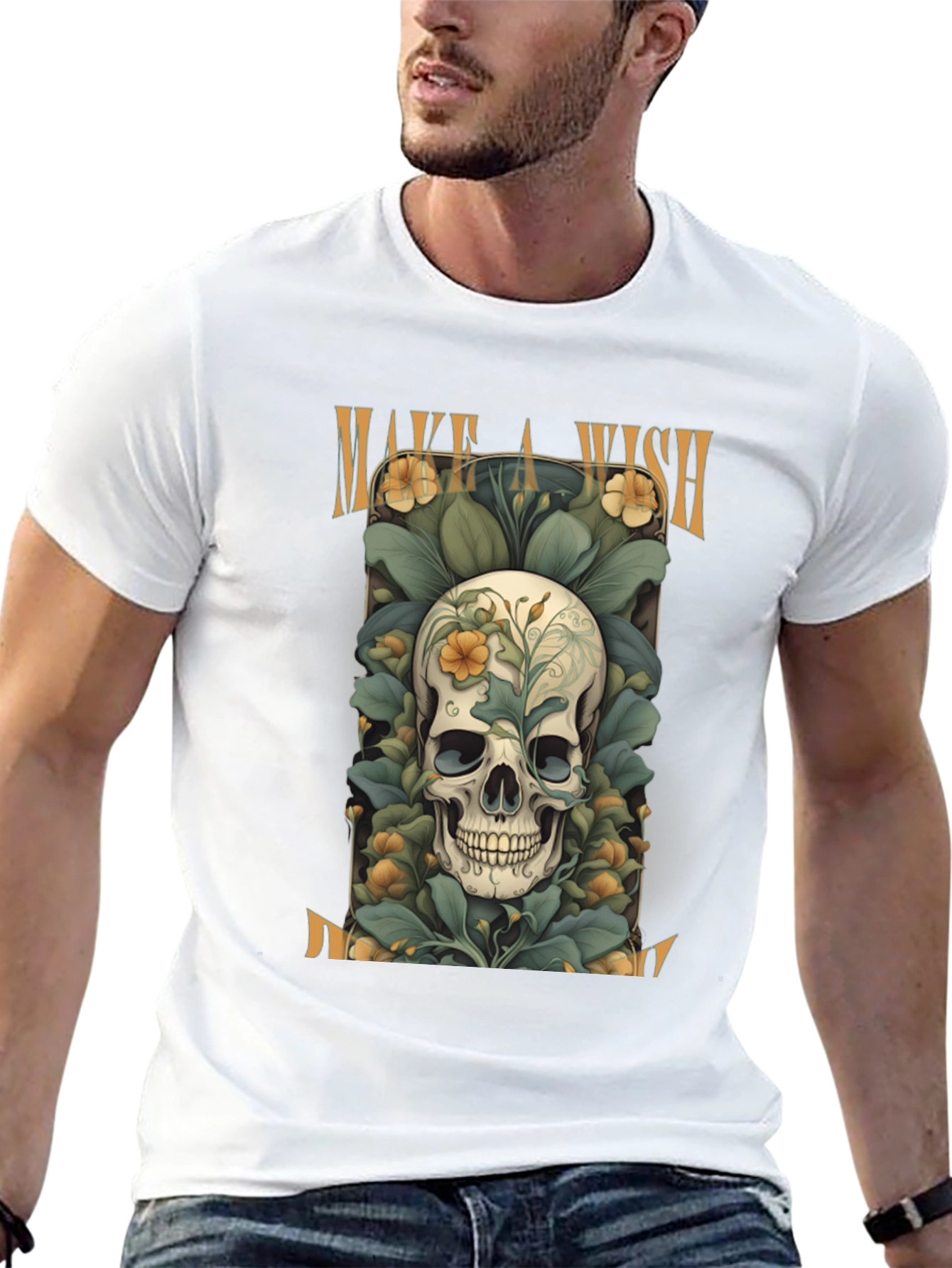 Black Make a Wish Skull Tee - Floral Skull Design view 13