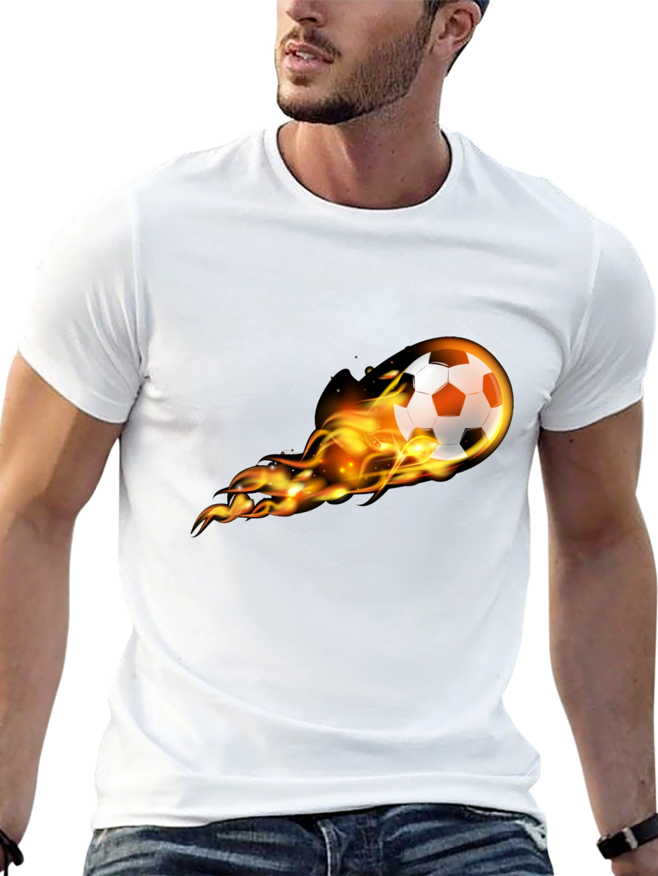 Black Flaming Soccer Ball Graphic Tee - Black Cotton T-Shirt view 13
