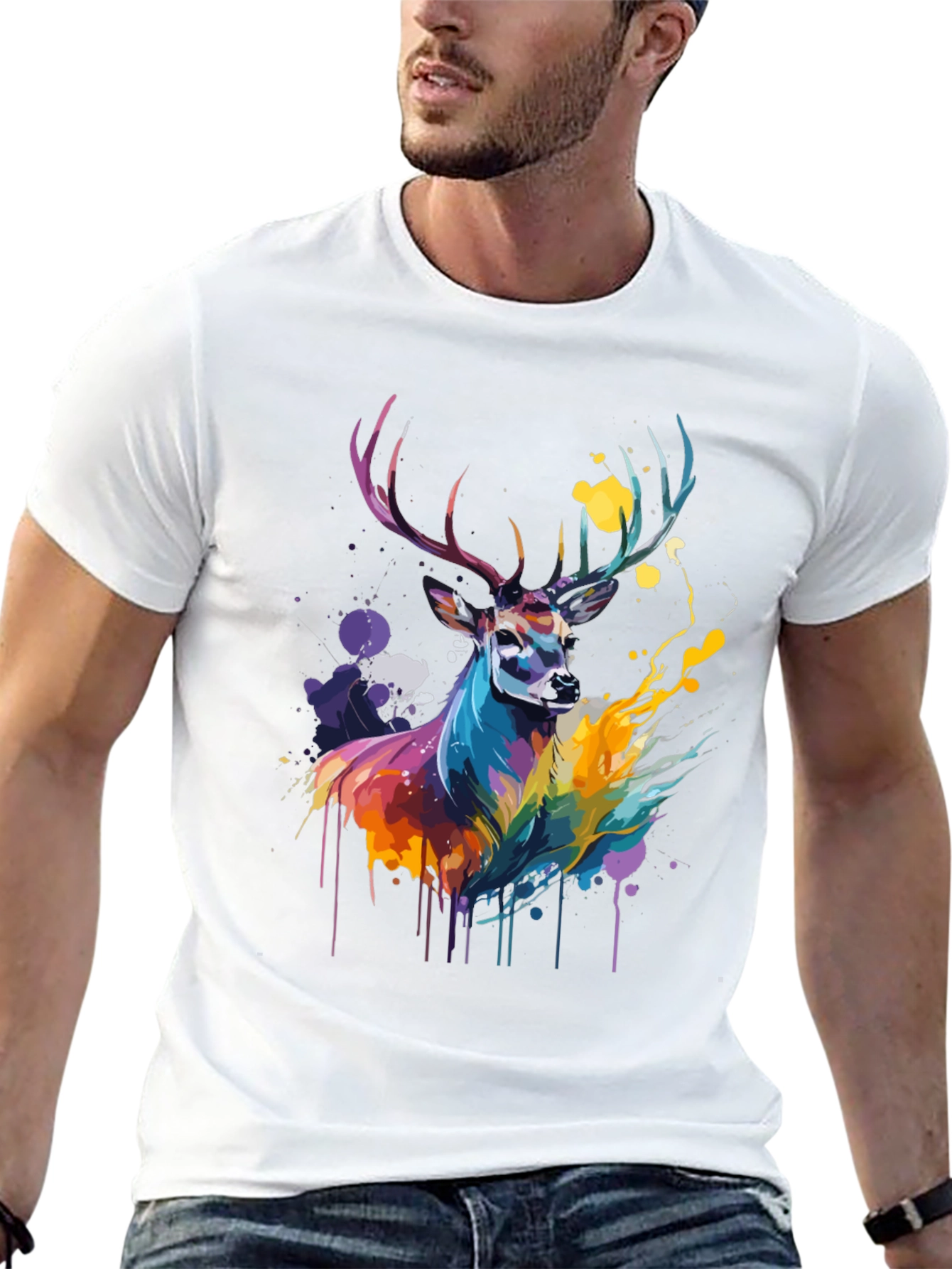 Black Colorful Deer Graphic Tee - Men's Black T-Shirt view 13