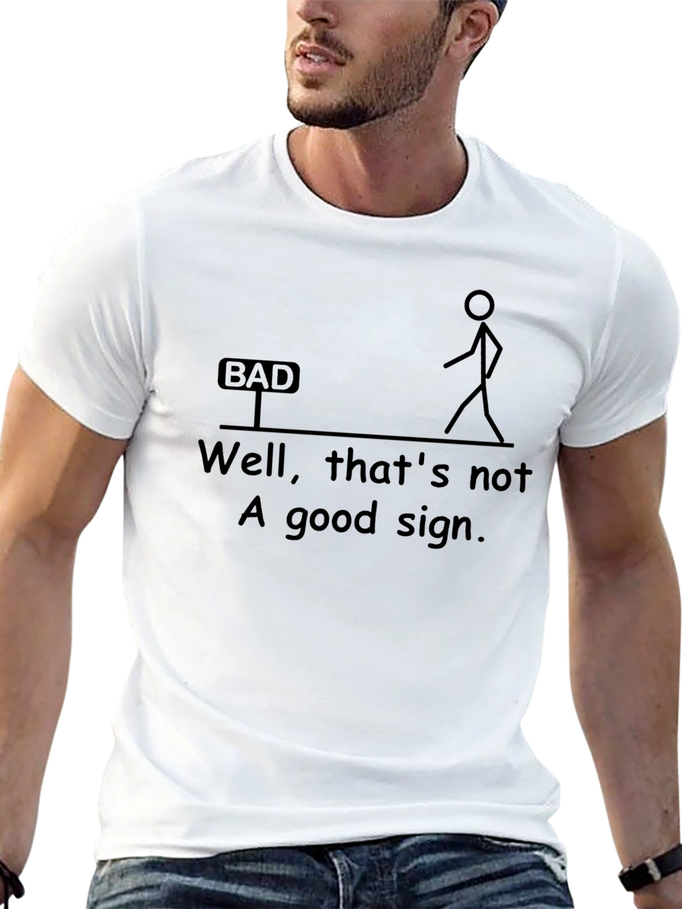 Black Humorous Graphic T-Shirt - "Bad Sign" Design view 13