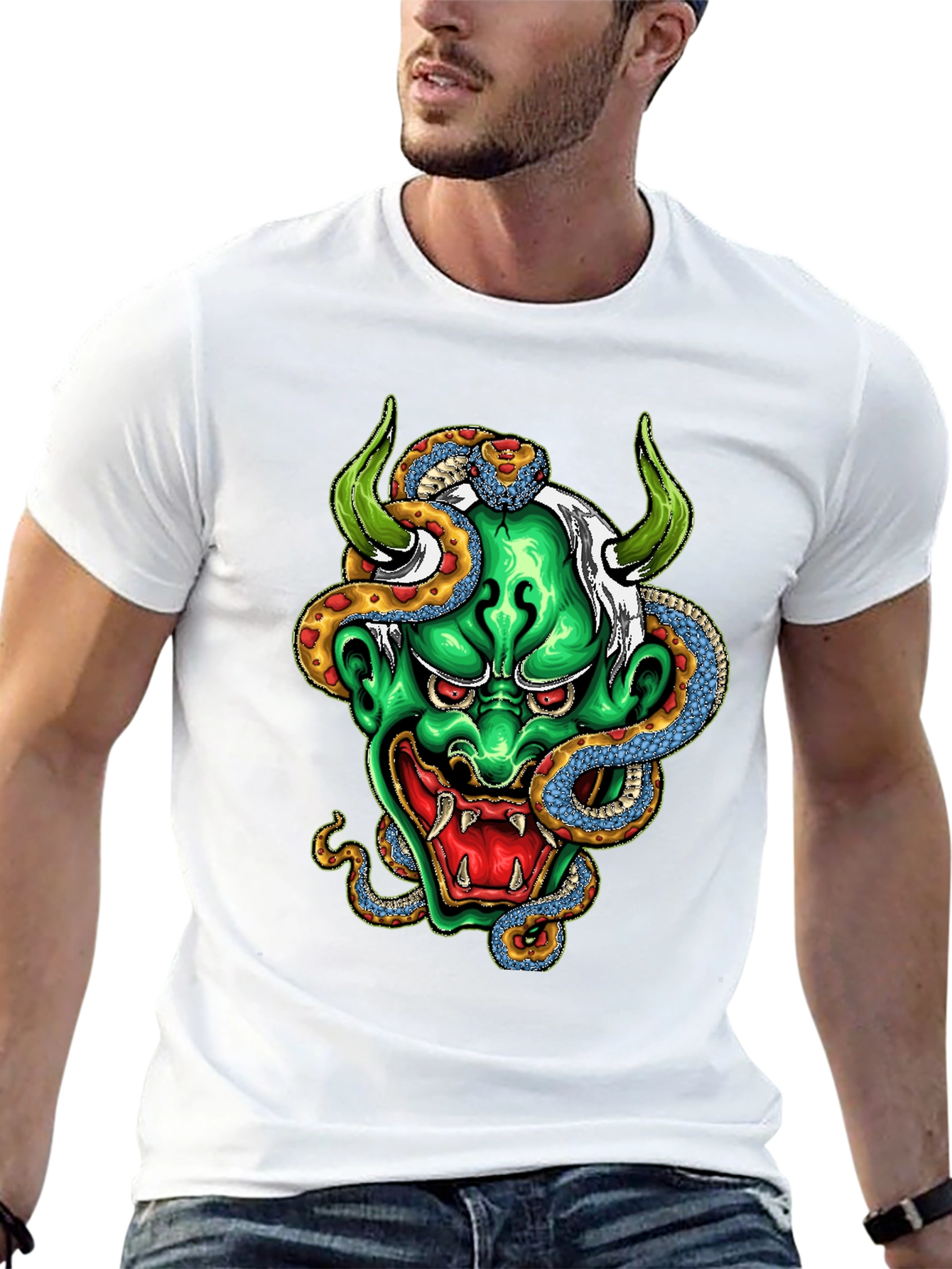 Black Men's Graphic Tee - Oni Mask & Snake view 13