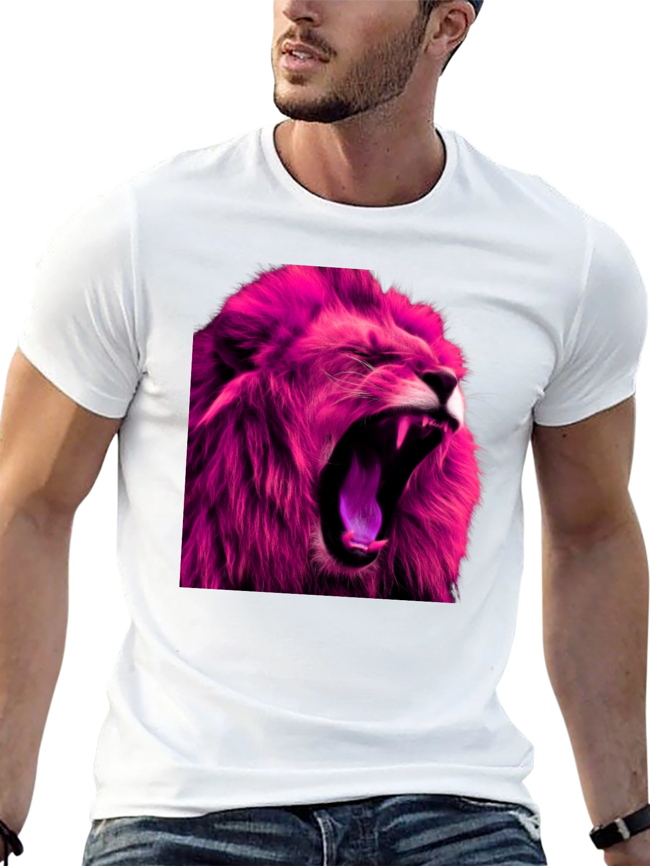Black Roaring Pink Lion Graphic Print Black T-Shirt view 13