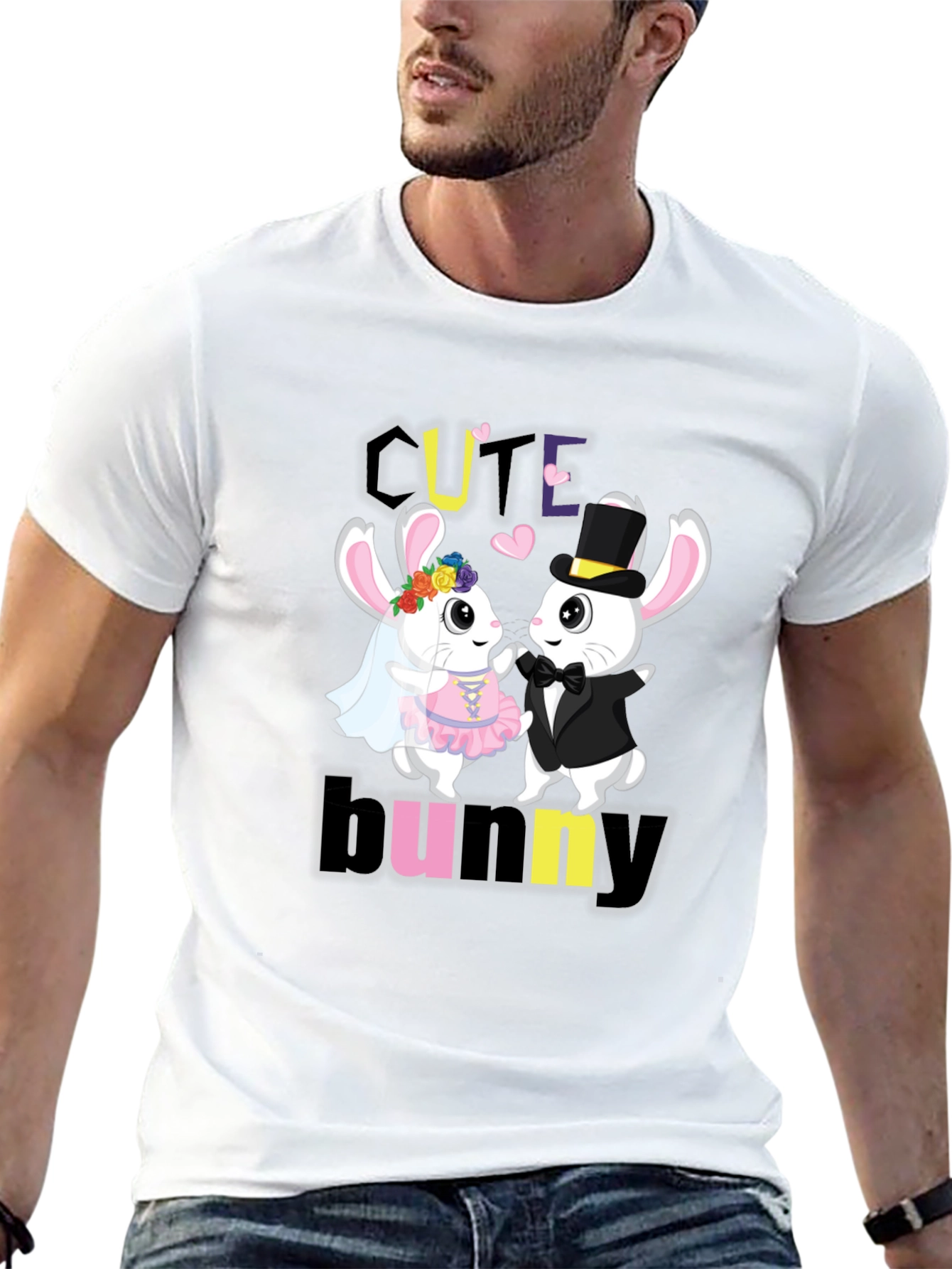 Black Cute Bunny Couple Graphic T-Shirt view 13