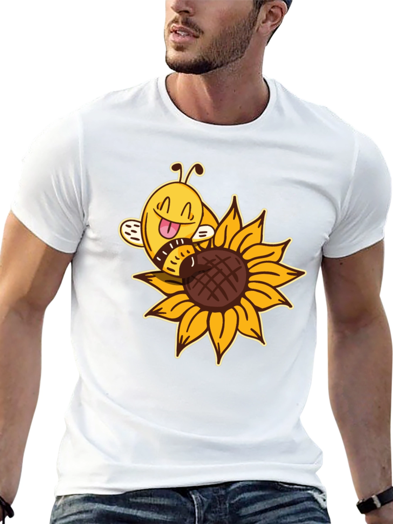 Black Cute Bee on Sunflower Black T-Shirt view 13