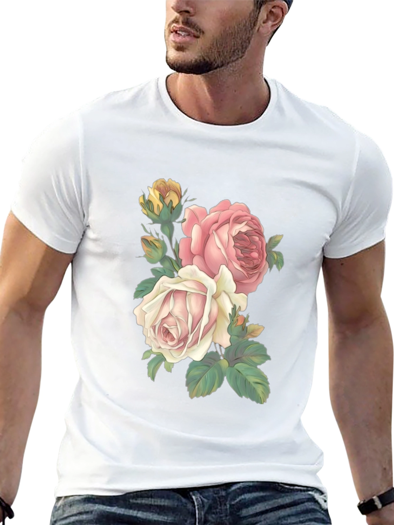 Black Floral Print T-Shirt - Elegant Rose Design view 13